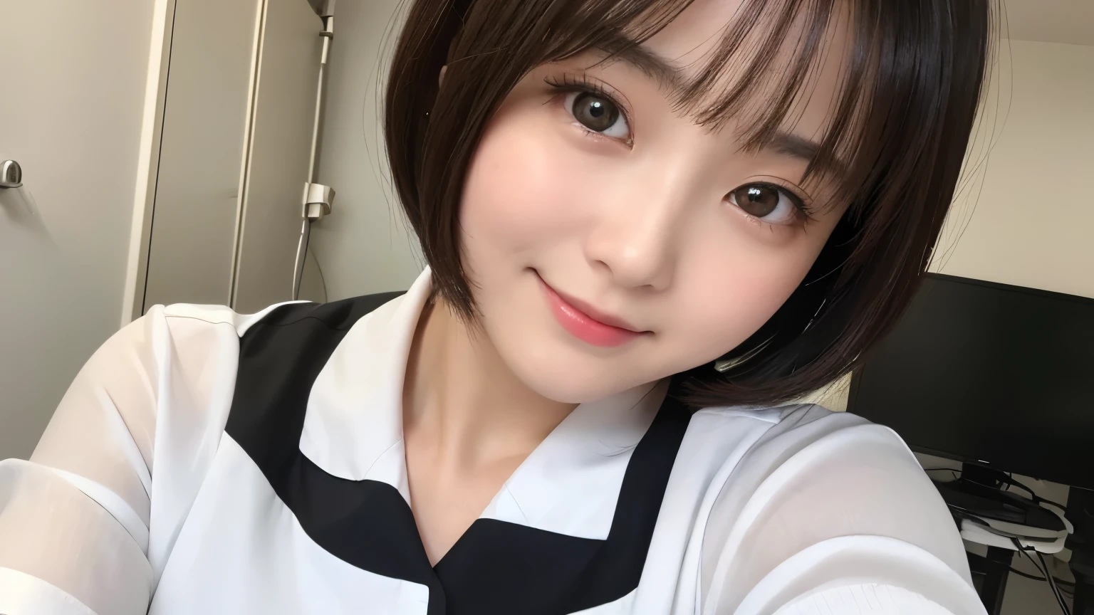 (1 Girl)、(Beautiful Japanese、18years old,round face、Refreshing、clear、seems kind、stylish、Pitiful、cute like an angel、cute、black eyes、,actress,Almond-shaped eyes), Good style , (Beautiful big breasts:1.2),(soft breasts),(very cute),(Black hair),(short bob hair),(enchanting eyes),(highlight on eyes:1.2)、(8K、Live shooting、highest quality、masterpiece:1.2、optimal lighting)、((masterpiece)),(Photo taken by a professional photographer),(real、photo real:1.4),break,{ (White nurse costume),(((taraditional nurse uniform))),(White nurse mini skirt),((White pantyhose)),(cleavage:0.7)},(Smile face),(cheeks are red:1.4), break, break,Hospital,Face shot:1.3、Hospital room、Looking away, face close-up,Dynamic angle