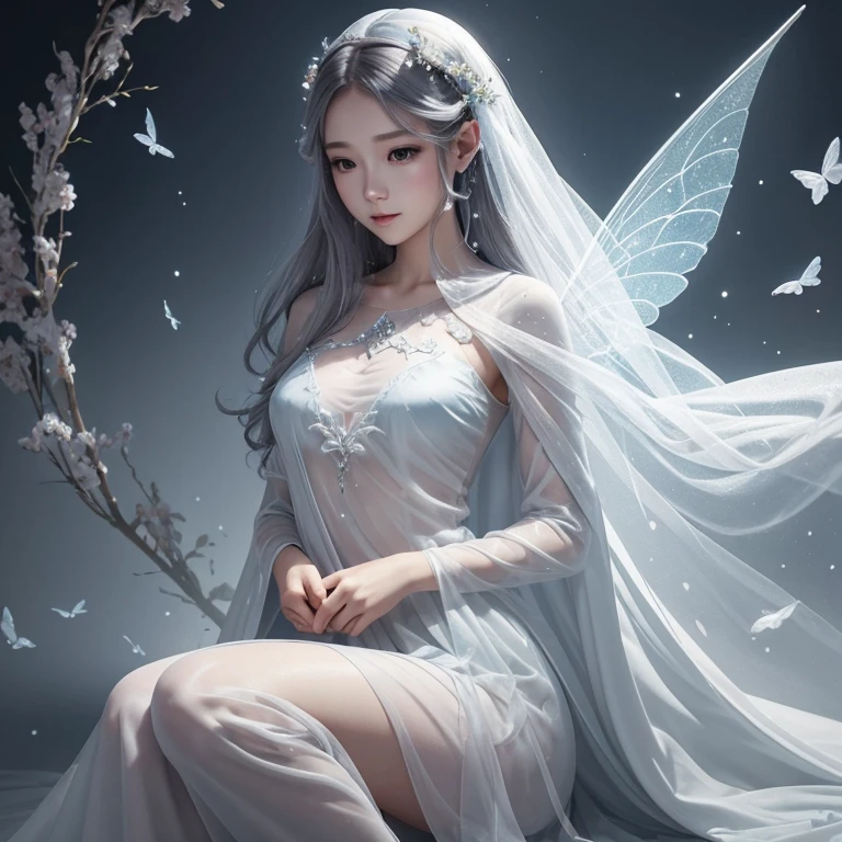 fairy of the air, transparent face, perfect face, transparent body, weightless cape, gray-pearl haze, soft side, soft light, haze, (Masterpiece:1.3), (best quality:1.3)