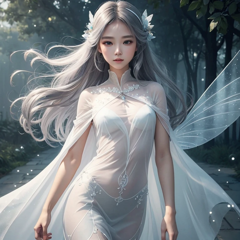 fairy of the air, transparent face, perfect face, transparent body, weightless cape, gray-pearl haze, soft side, soft light, haze, (Masterpiece:1.3), (best quality:1.3)