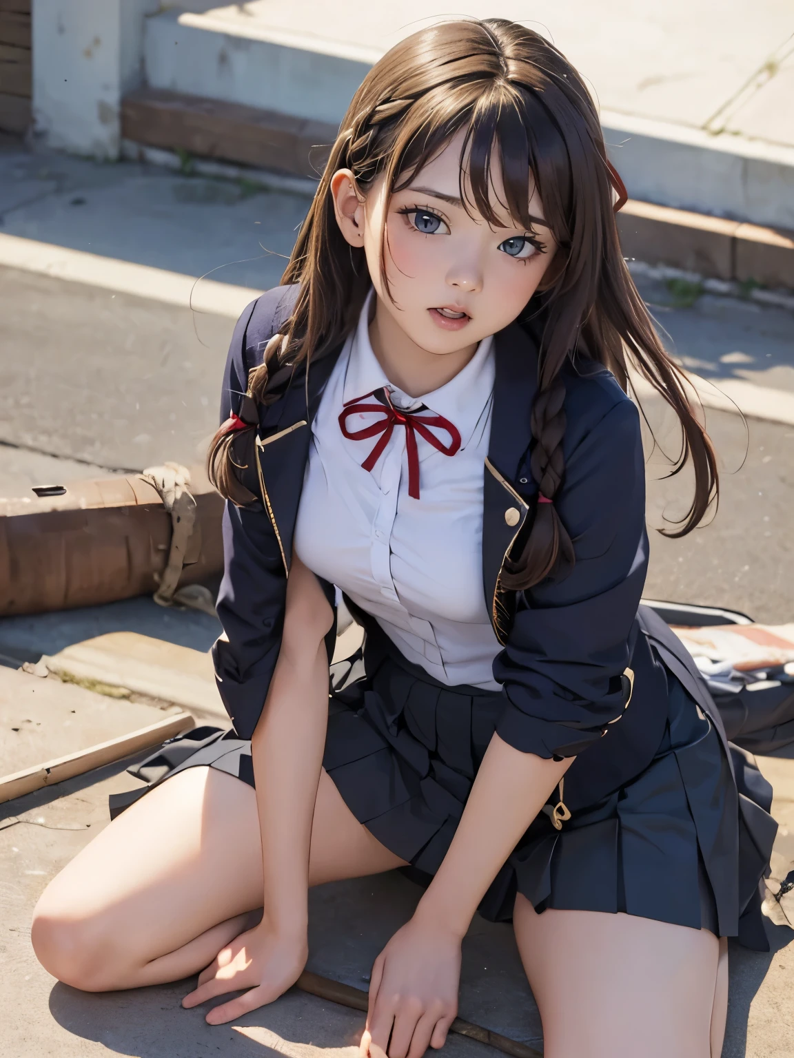 a woman, drooping eyes, eyes realistic sizing, pleated skirt, (round face), straddling pipe that is standing on the ground to hit her crotch, masturbating, open legs, angle from below, braid, ribbon,