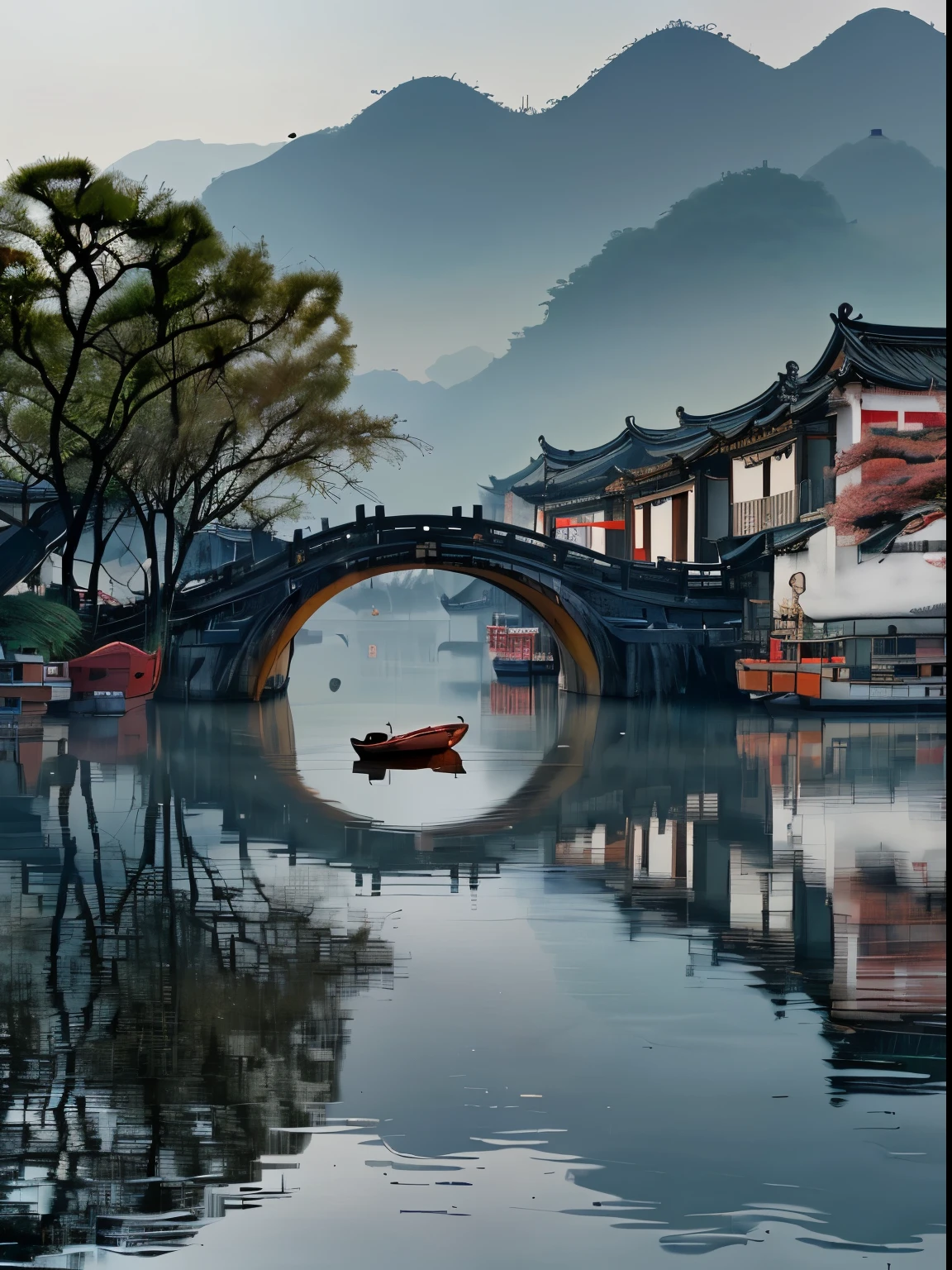 There is a boat floating in the water near the bridge, Dreamy Chinatown, Chinese Village, Chinese scenery, author:Shi Rui, author:Xu Xi, by Xia Yong, zhouzhuang ancient town, old asian village, by Yu Zhiding, by Wu Zuoren, author:Fan Qi, by Zheng Xie, author:Yang Jie, by Jiang Tingxi