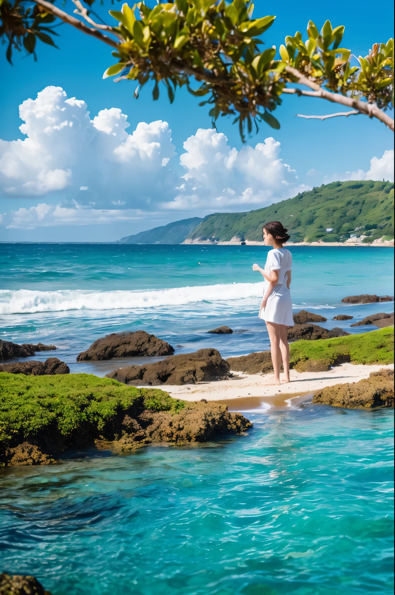 8K,超美people(Like the real thing), Blue sky and white clouds with warm sunshine, Intertwined with the sound of waves crashing on the shore. She gently raised her head, Smiling and gazing into the distance, There was a hint of mystery and longing in her eyes.. The surrounding scenery is also heartwarming. The fine grains of sand on the beach sparkle in gold., The wind is accompanied by small waves. The distant island is surrounded by greenery, Green tree々reflected in the blue sea, The girl&#39;s posture and expression exude confidence and independence.,  On the inside too. Her stunning beauty is like a ray of light, Captivating the whole of heaven and earth. . The beach dream scene will be more realistic for the audience., people々Make people feel like they&#39;re there, Enjoy the beauty,The perfect angle、Professional quality high resolution、Perfect contrast、Perfect lighting、Perfect composition、Perfect Skin、Perfect Fingers、Perfect breasts、Perfect Hair、Perfect Face、Realistic facial features、masterpiece,masterpiece,Photorealistic RAW photos,Bright colors,Rich colors,50mm lens,Nikon D850,super highest quality,Slim figure,Perfect body line,Perfect hand shape,Anatomical body balance,Highly detailed face,Highly detailed eyes,Beautiful Lips,Excellent light particles,Cinema Lighting,Makeup,