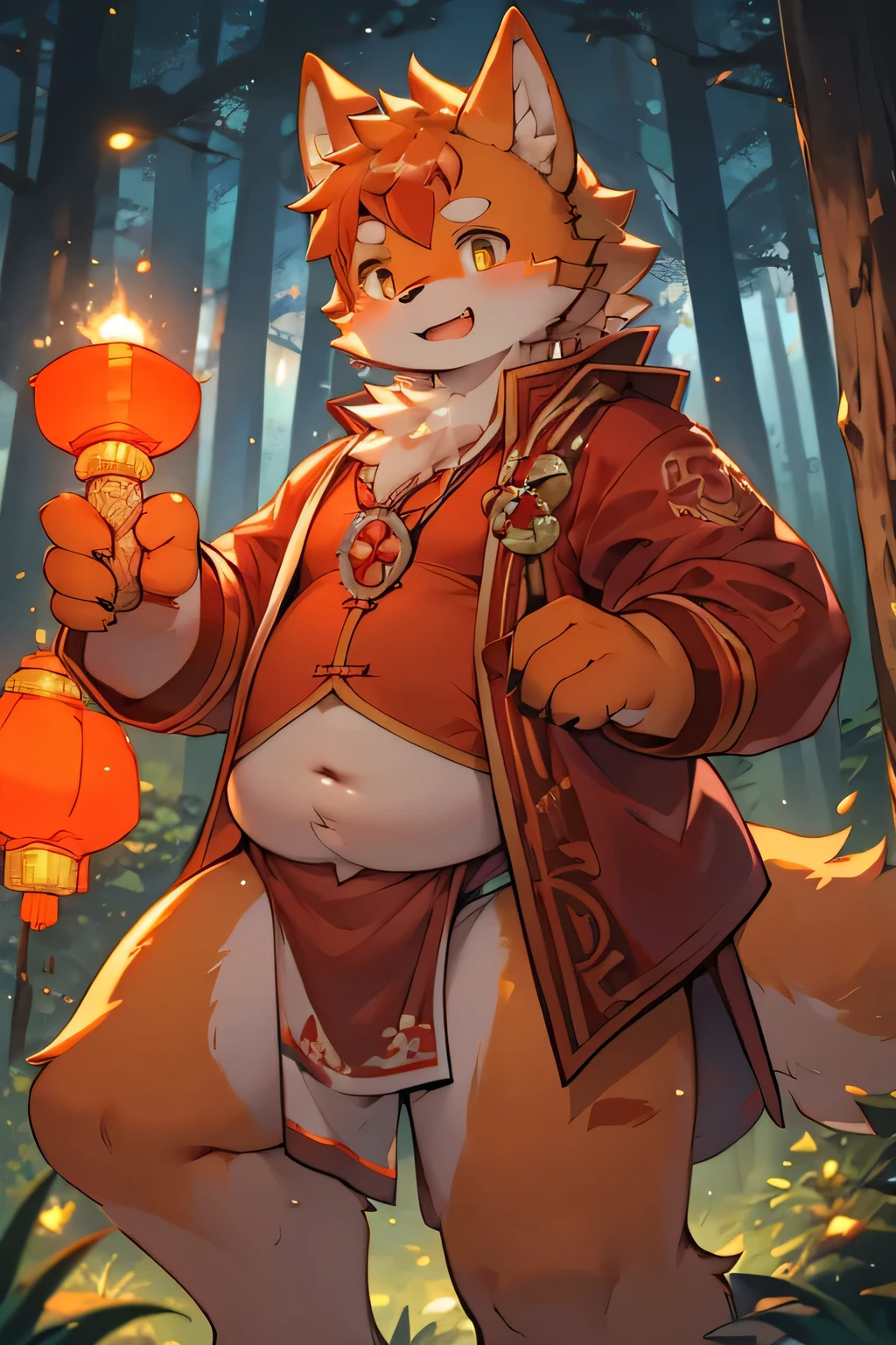 White Teen Wolf Boy in Orange and White，obesity，Showing off the super obesity white belly，forest，green，Bright，Chinese Clothing，Red loincloth，Red Jacket，Chinese style，Portable red lantern，night，Warm colors，