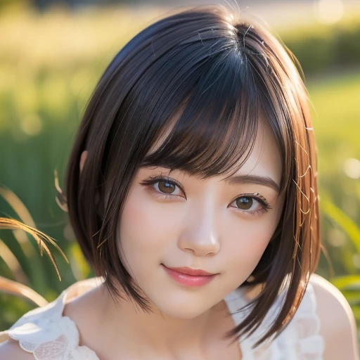 (highest quality:1.5)、(Realistic:1.5)、(1 person:1.5)、(Upper Body:1.5)、Very detailed、High resolution、8k wallpaper、、Small breasts、Natural color lips、Cute Smile、Japanese women、20-year-old girl、Beautiful and elegant face、Perfect and beautiful face、Big eyes、Brunette's eyes、Beautiful and elegant face、Natural double eyelids、Natural Bangs、Beautiful thin nose、Beautiful Skin、Chestnut Hair、Medium Bob Hair、Natural Bangs、Perfect and beautiful face、Slim face and figure、(Staring at the camera with a cute expression)、Bright lighting、Professional Lighting、Forward lighting、Cute Smile、Summer blue sky、Mountain Grass Park、Look at the viewers、、(Staring at the camera with a cute expression)、(Facial lighting)、Bright lighting、Professional Lighting、Forward lighting、Cute Smile、