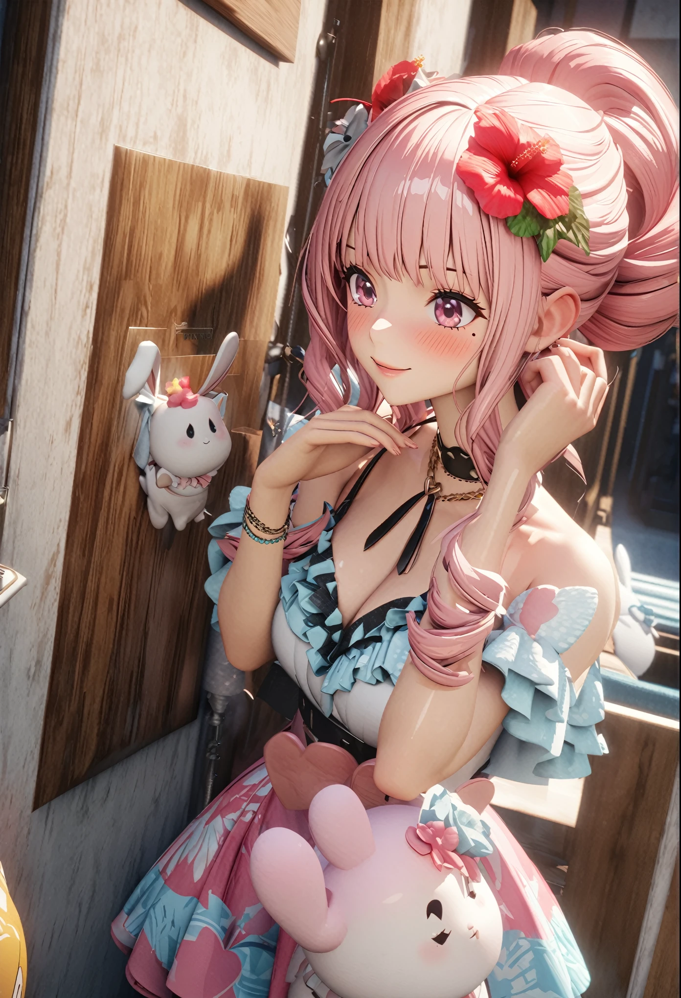 masterpiece, highest quality, Very detailed, High resolution, An expensive solution, High resolution, 4K, 8k, unity 8k wallpaper, Very detailed CG, masterpiece, 2D, 3D, Beautiful details, depth, Fine texture, highest quality: 1.3, Total concentration, Crisp skin, he, Very cute anime rabbit, A cute rabbit like an idol, expensive pink long hair, One Girl, Aloha One Piece, morning, morning食, Hibiscus Hair Accessories, Smiling long pink hair, whole body, Mole under the eye, Line Sight, expensive, blush, Lips parted, heart, Pink Eyes, choker