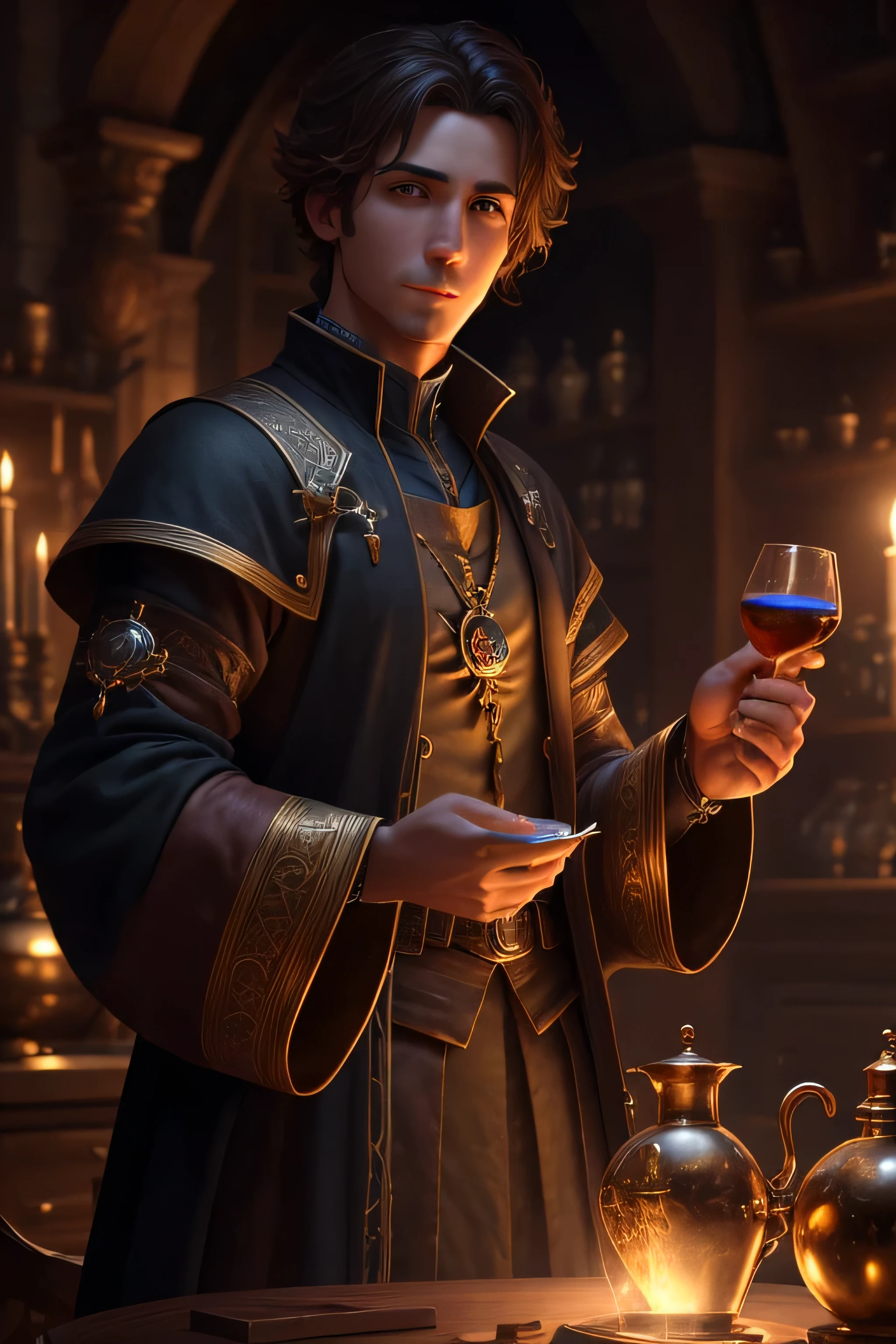 (masterpiece, best quality:1.2),  <lora:dandelion-20:0.70>, dandelionW3_soul3142, solo, smile, short hair, brown hair, 1boy, hat, sitting, boots, indoors, cup, facial hair, beard, alcohol, drinking glass, halloween, candle, wine glass, coin, wine, barrel, wood