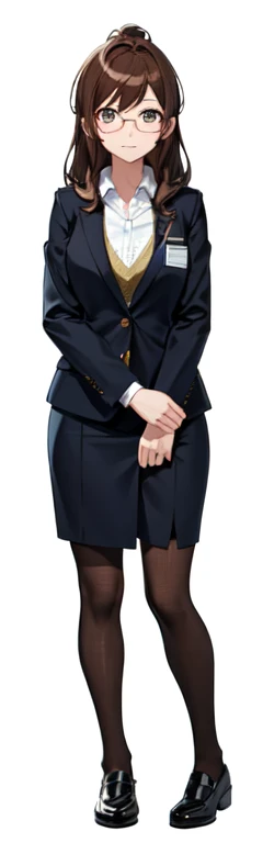 anime girl, brown hair, glasses, office suite, sprite, transparent background, sci-fi,