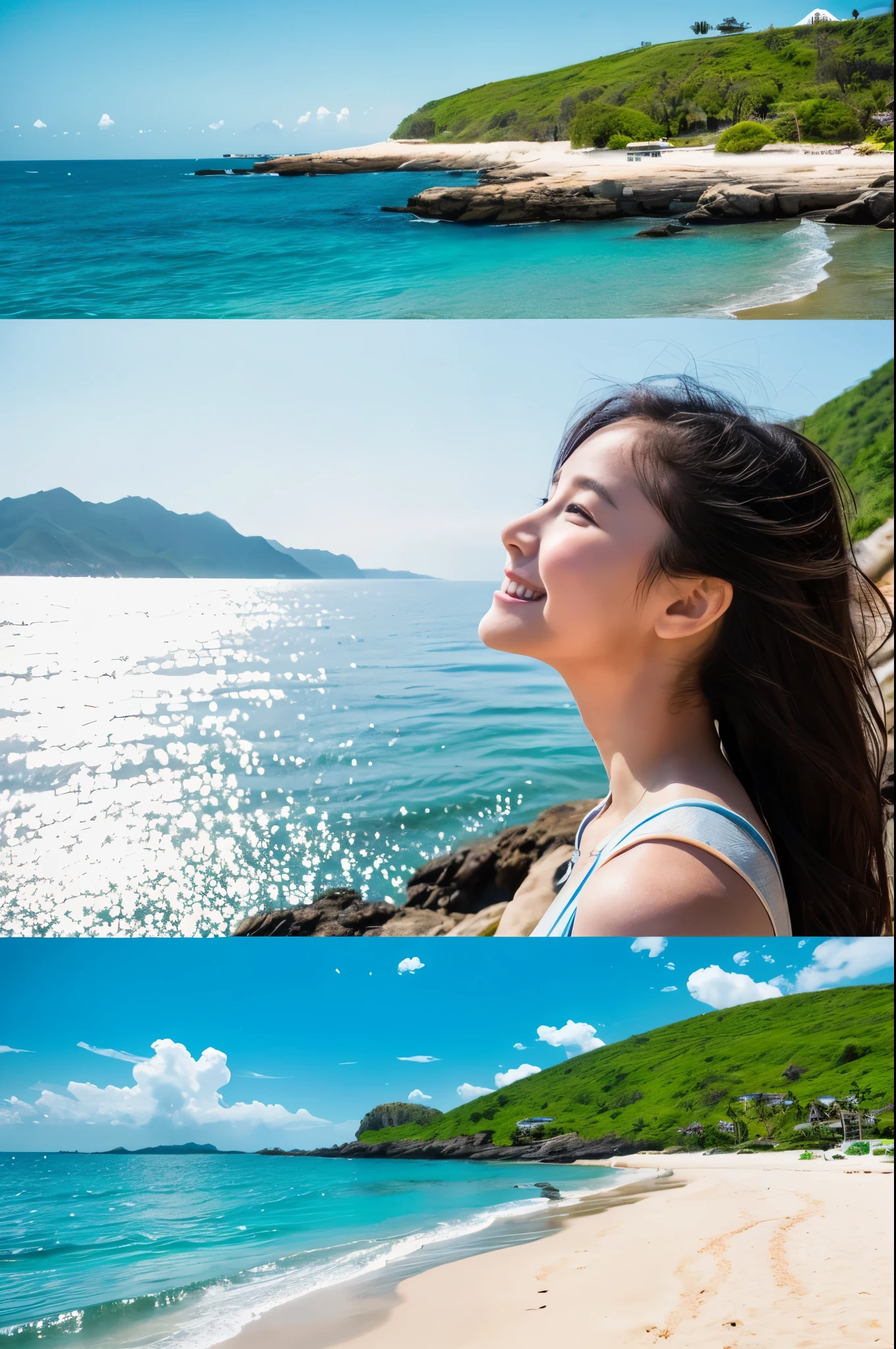 8K,超美people(Like the real thing), Blue sky and white clouds with warm sunshine, Intertwined with the sound of waves crashing on the shore. She gently raised her head, Smiling and gazing into the distance, There was a hint of mystery and longing in her eyes.. The surrounding scenery is also heartwarming. The fine grains of sand on the beach sparkle in gold., The wind is accompanied by small waves. The distant island is surrounded by greenery, Green tree々reflected in the blue sea, The girl's posture and expression exude confidence and independence., On the inside too. Her stunning beauty is like a ray of light, Captivating the whole of heaven and earth. . The beach dream scene will be more realistic for the audience., people々Make people feel like they're there, Enjoy the beauty,The perfect angle、Professional quality high resolution、Perfect contrast、Perfect lighting、Perfect composition、Perfect Skin、Perfect Fingers、Perfect breasts、Perfect Hair、Perfect Face、Realistic facial features、masterpiece,masterpiece,Photorealistic RAW photos,Bright colors,Rich colors,50mm lens,Nikon D850,super highest quality,Slim figure,Perfect body line,Perfect hand shape,Anatomical body balance,Highly detailed face,Highly detailed eyes,Beautiful Lips,Excellent light particles,Cinema Lighting,Makeup,