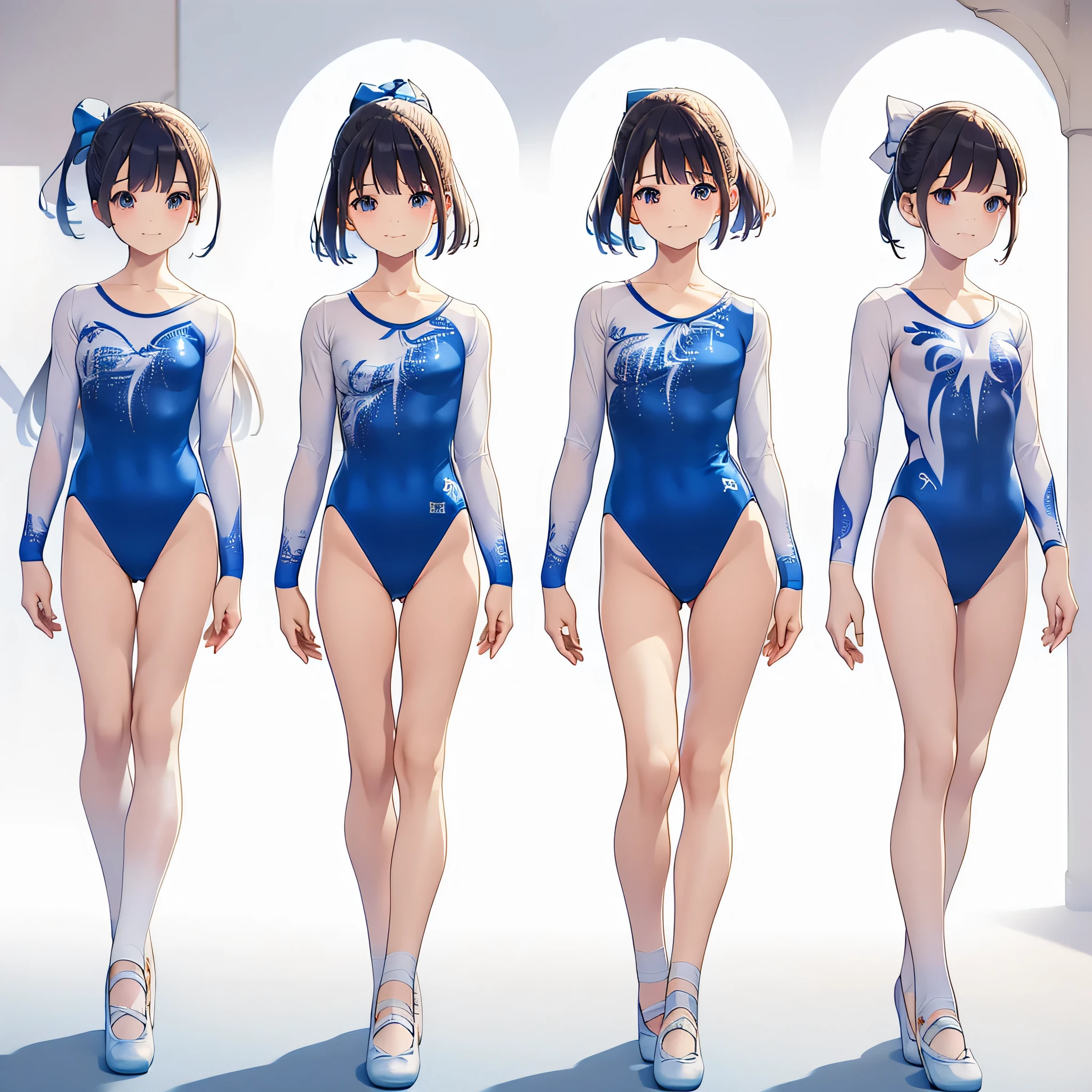 Gymnastics club,(4 girls:1.3),(long sleeves leotard:1.3),(brocade pattern leotard:1.3),(white leotard),full body, pony tail, blue ribbon, long hair,(body suit:1.2),(over ************, under 19 years old:1.2), ballet shoes, white background