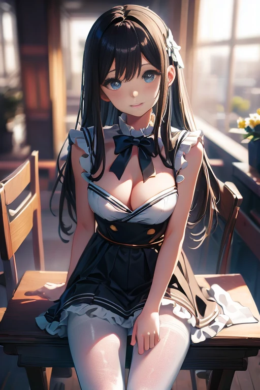 highest quality, masterpiece, High definition, 16K quality, beautiful , 深い海のような青色のbeautiful目, uniform, White blouse, black_pantyhose, White panties showing through pantyhose, ふっくらとしたLarge Breasts, 重力で垂れ下がったLarge Breasts, Blushing, She is looking at the camera, A dreamy look, Spread your legs, night classroom, beautiful clouds in madder color,masterpiece, highest quality, One Girl, Thighs, beautiful girl, Flowers, たくさんの小さなflowerびら, flower、Small waist, RAWphotograph,Bright lighting、Face Light, Ultra-realistic, High resolution, photograph, Sharp focus, Highly detailed eyes and face,Symmetrical face, whole body、Large Breasts、Long Hair、チラリと見えるThighs、Cleavage、Sleeveless、