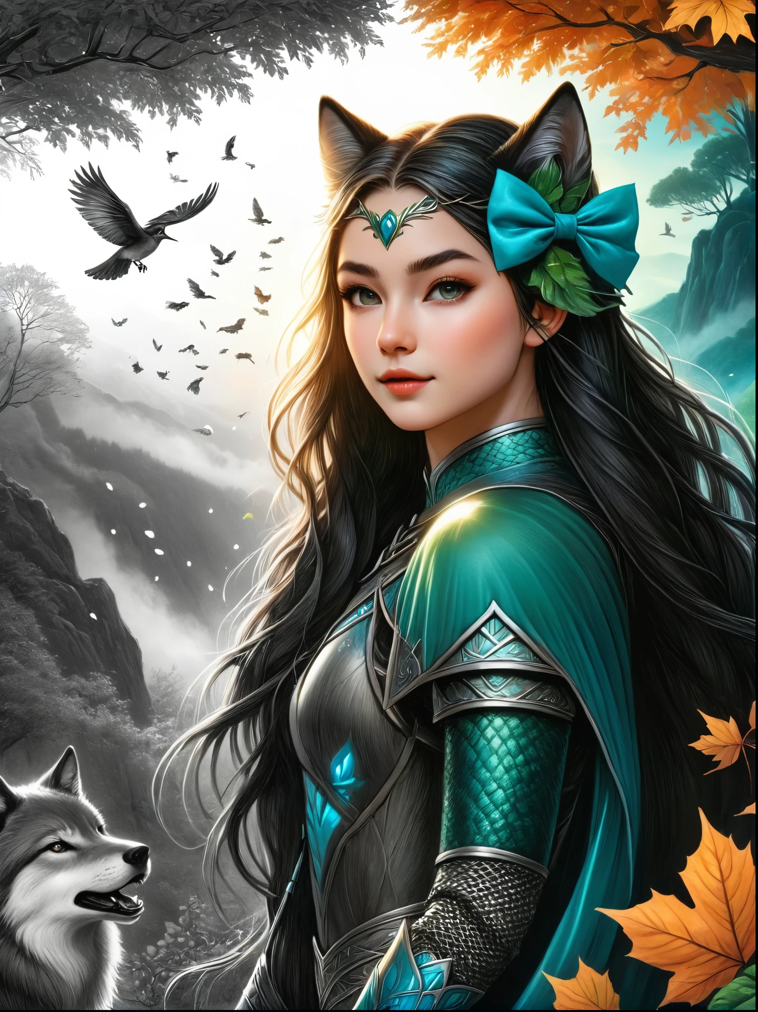 1hbgd1, An elven ranger draws a gleaming turquoise bow, Autumn braids and capes flying in the wind, The intricate leaf-shaped armor glitters in the mysterious forest mist behind her, A wolf stood firmly beside her, Get ready for adventure, Dynamic fantasy scenery, Radiant lighting, The artwork should transition from a pencil drawing style in black and white on the left half to vibrant colors on the right half, Ensure a seamless integration between the two halves without any dividing line, The scene is identical on both sides, with the left side featuring detailed black and white pencil strokes and the right side filled with colors, creating a harmonious blend across the image