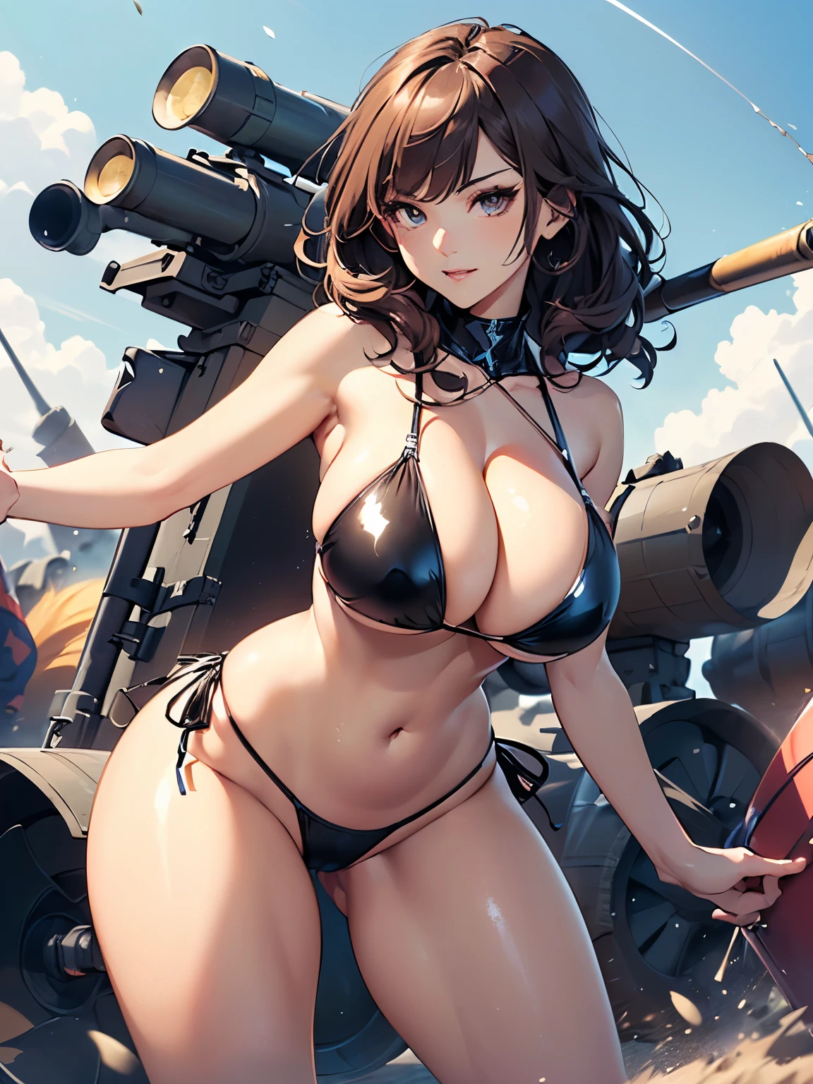 ((1 lady))、((Combative posing:1.5))、((dynamism:1.3))、((dynamic angle:1.2))、((Being in battle field:1.2))、ultra-detailliert, Top image quality, digitial illustration, Seductive Anime Girl, Glossy realistic skin texture、Meticulously drawn hair, Meticulously drawn eye, Sharp Focus, Precise human body structure、Smooth texture、((Holding a big artillery:1.6))、((bazooka and gatling gun and rocket launcher))、seductive smile、((latex micro bikini:1.3 crop top:1.3))、((sleeveless))、((cleavage:1.3))、((crop top navel))、((highleg:1.3))、((huge breasts:1.3))、((huge hip:1.3))、((thick thighs))、curvy、((collarbone))、((cameltoe))