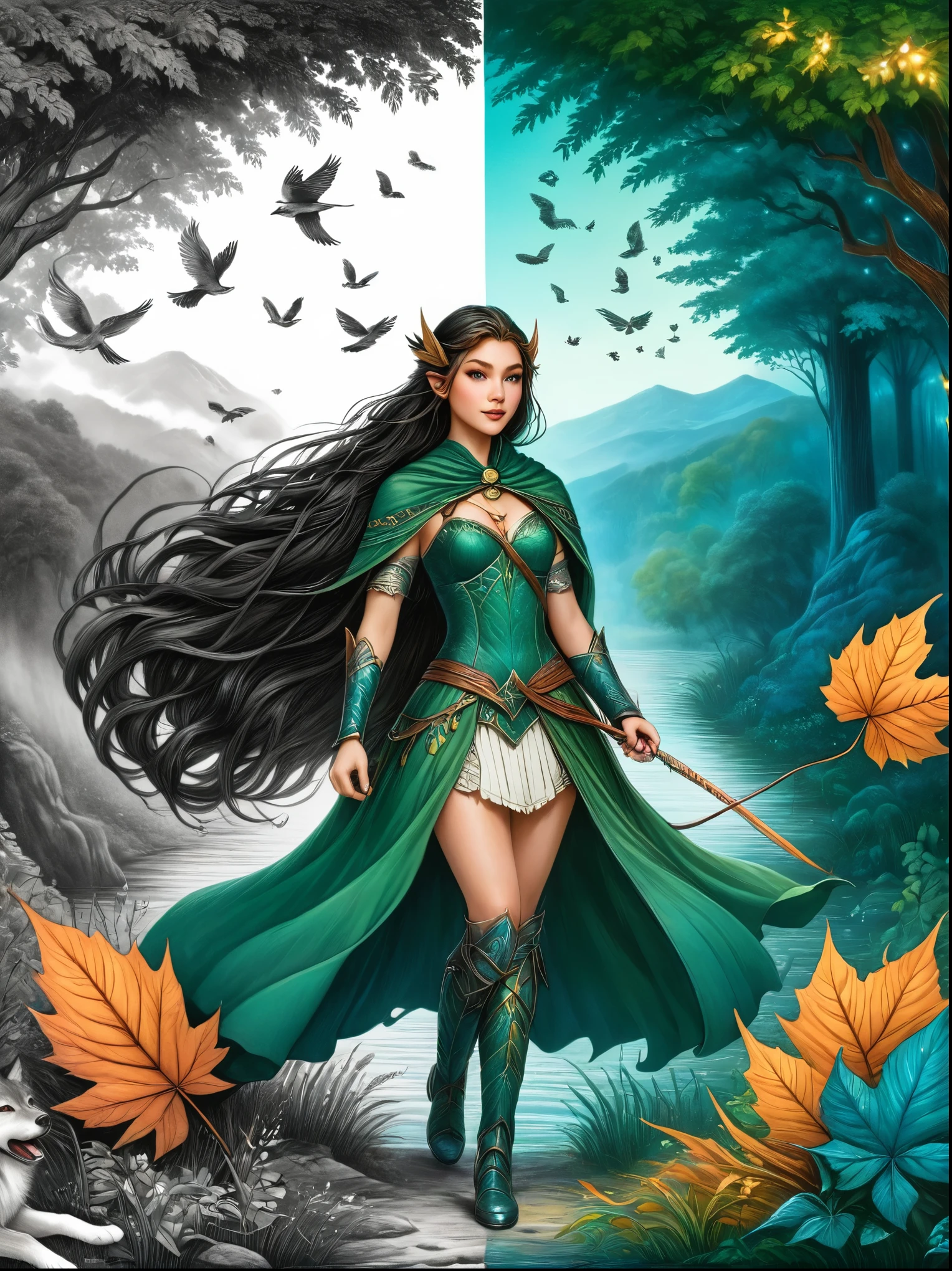 1hbgd1, An elven ranger draws a gleaming turquoise bow, Autumn braids and capes flying in the wind, The intricate leaf-shaped armor glitters in the mysterious forest mist behind her, A wolf stood firmly beside her, Get ready for adventure, Dynamic fantasy scenery, Radiant lighting, The artwork should transition from a pencil drawing style in black and white on the left half to vibrant colors on the right half, Ensure a seamless integration between the two halves without any dividing line, The scene is identical on both sides, with the left side featuring detailed black and white pencil strokes and the right side filled with colors, creating a harmonious blend across the image