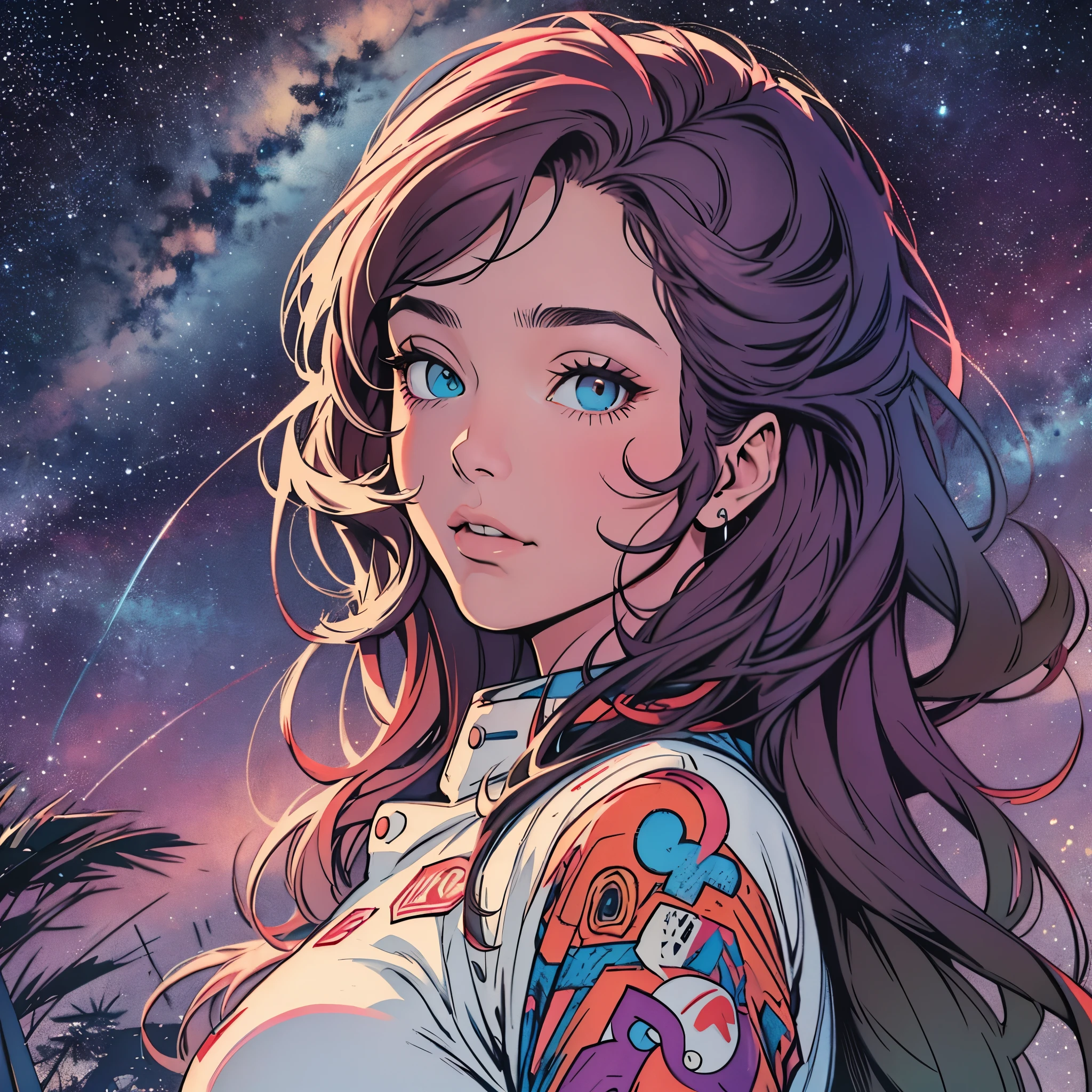 ultimate best quality,beautiful woman,speech bubble,big brest,60s,70s,80s,colorful,((Heterochromia)),various angle,beautiful starry sky,