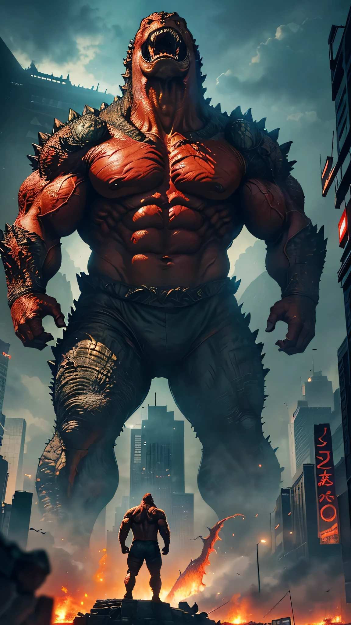 最high quality、Best image quality、masterpiece、monster((Strong body、Godzilla、Muscular、Bipedal、Red body、roar、Giant creatures)),high quality、Beautiful art、background((City))、Flight、Flying debris、Written boundary depth、movie、Visual Arts、Perfect art、8K,Genuine,