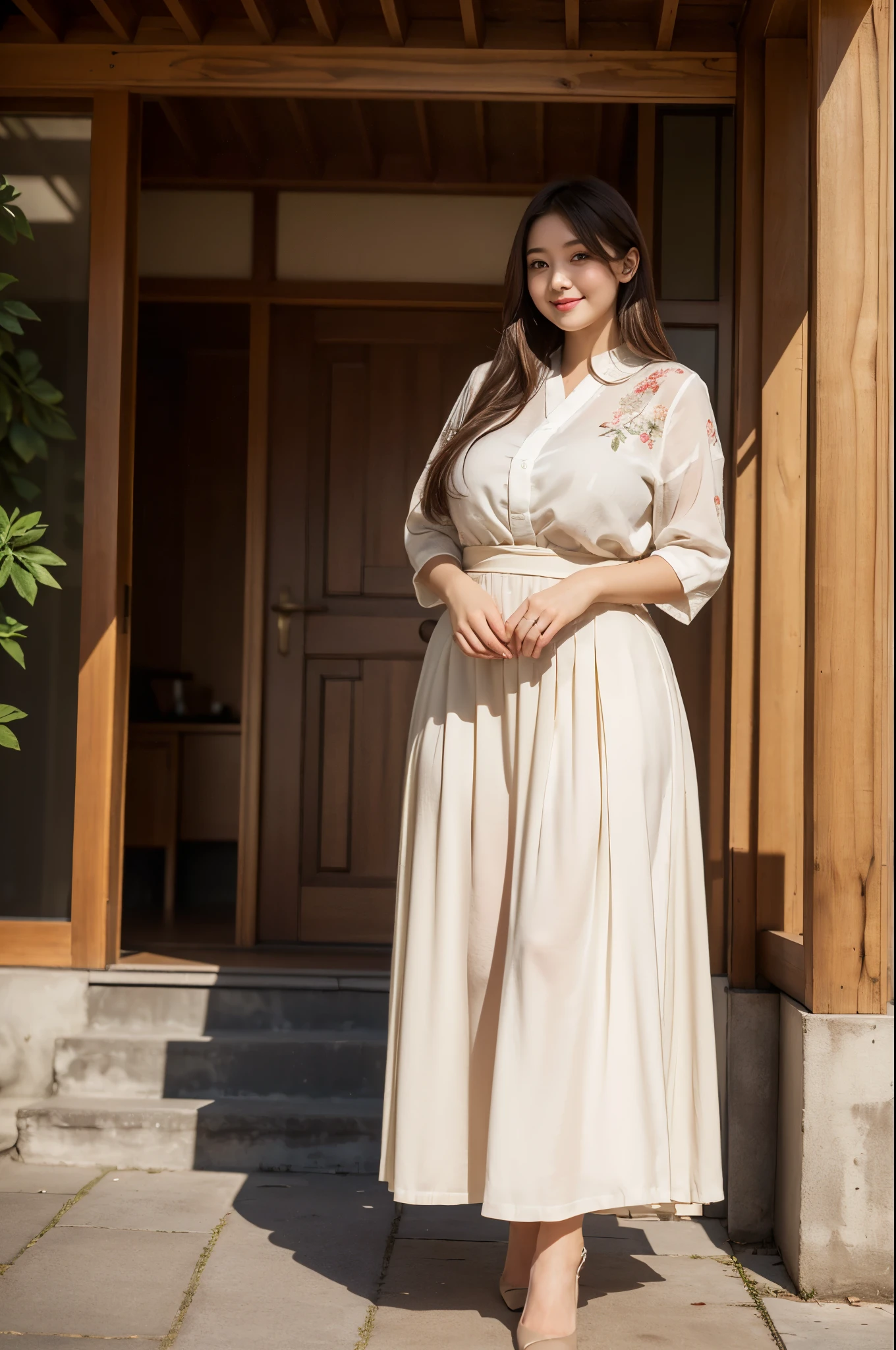 high quality,8K,high resolution,One woman,1 personality,smile,(plump curves),(slender waist),(chubby build:1.2),(tall:1.2),((最high quality, 8k, masterpiece: 1.3)), High Resolution,luxury,Spring-like clothes,Long skirt,whole body,Japanese women,,,