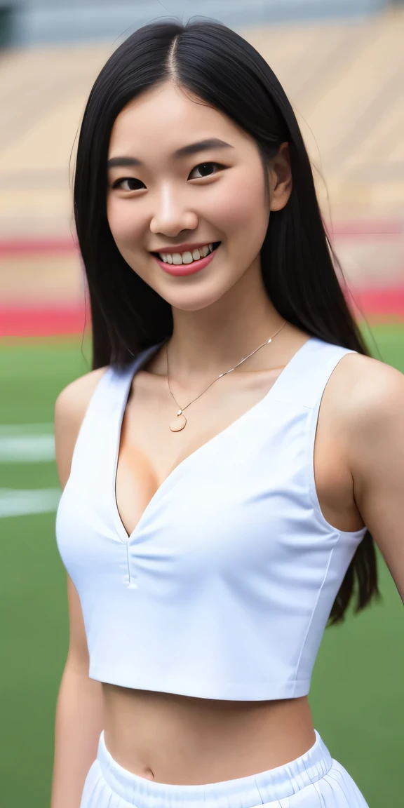 neat college girl, person, (wearing buruma , summer white clothes, sleeveless), outside the athletic field, (slim, small, flat, small), photorealistic, detail, skin texture, ultra detail, delicate and sexy collarbone, smile, super detailed face, detailed lips, detailed eyes, double eyelids, photos in which the body is facing forward, cleavage cutout, crop top ,