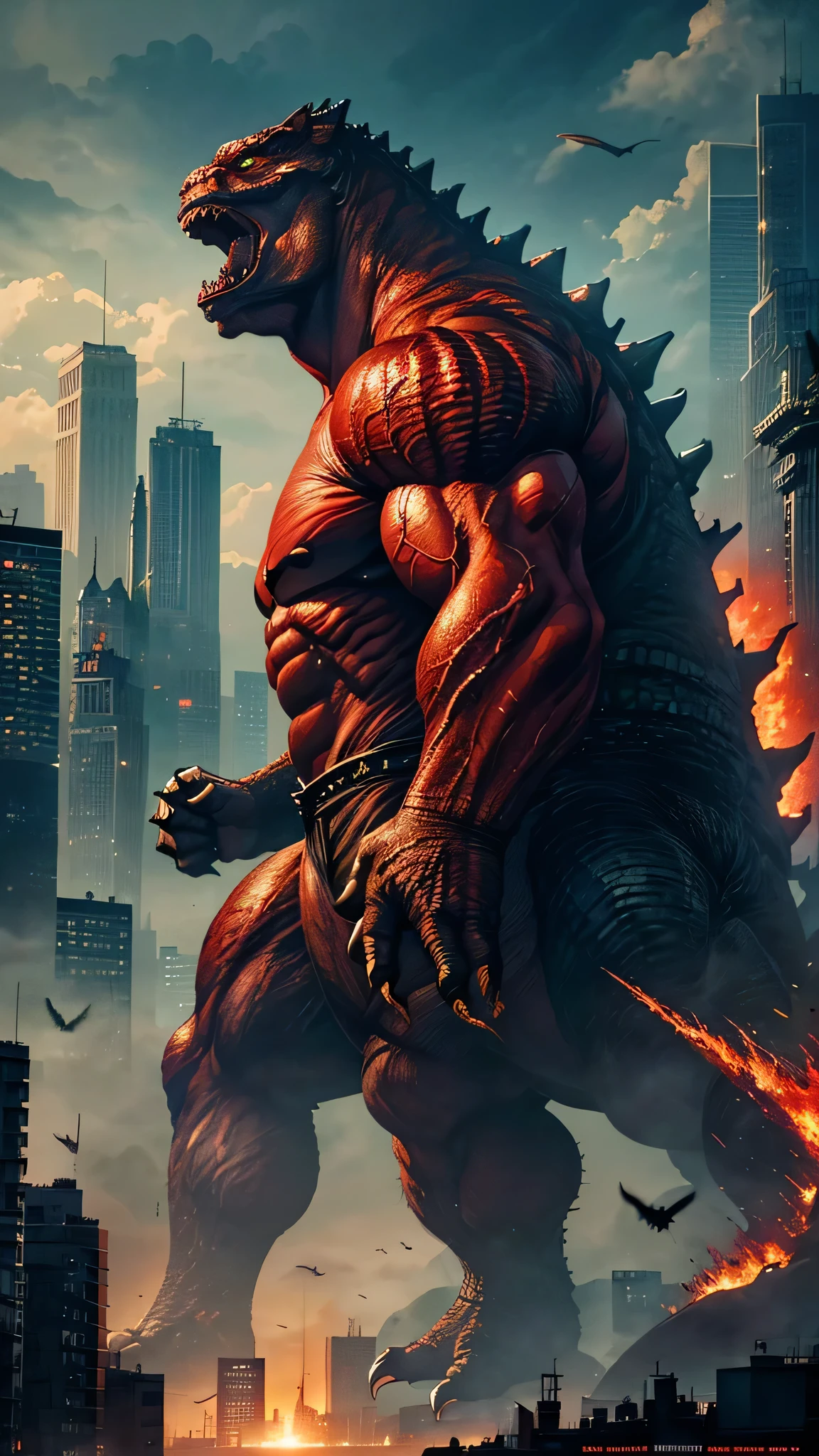 最high quality、Best image quality、masterpiece、monster((Strong body、Godzilla、Muscular、Bipedal、Red body、roar、Giant creatures)),high quality、Beautiful art、background((City))、Flight、Flying debris、Written boundary depth、movie、Visual Arts、Perfect art、8K,Genuine,
