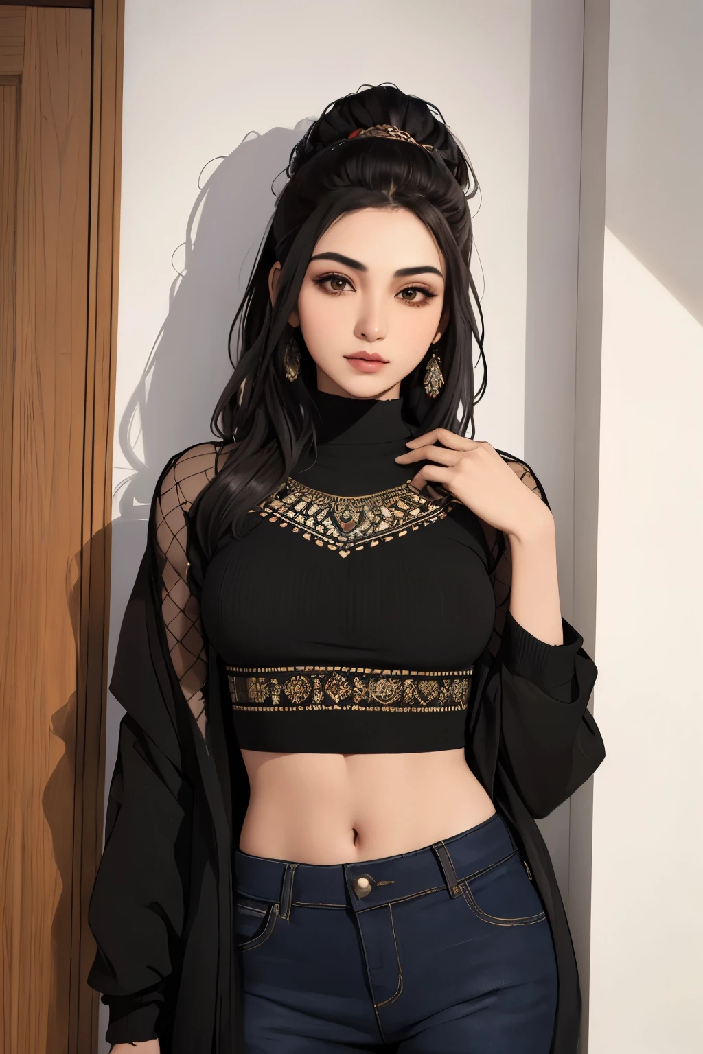 Afghan sexy girl, (24 years old), in the apartment, front door, crop top, view from front, arrogant expression, (masterpiece, best quality, highly detailed, hyper realistic)