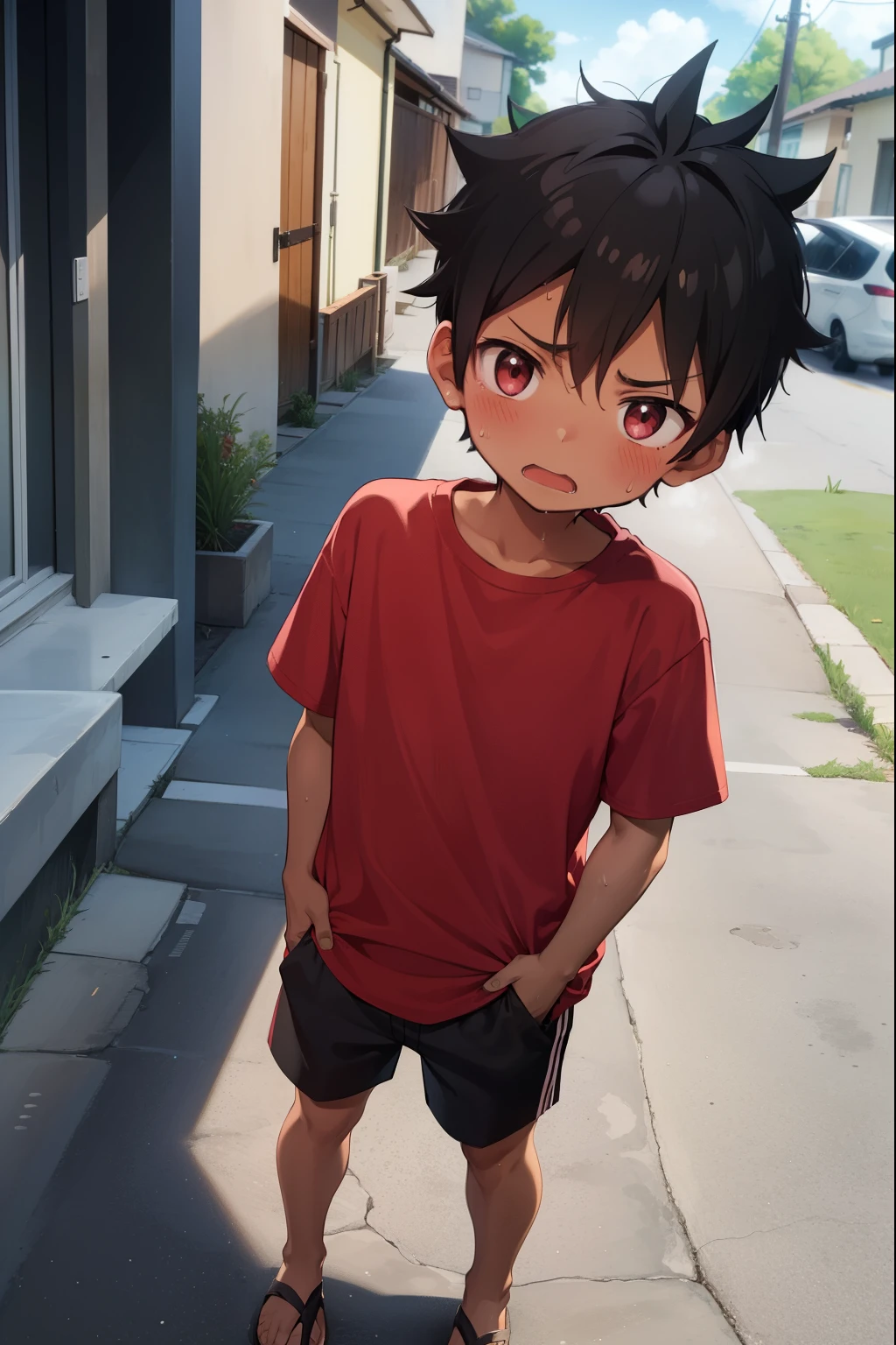 Residential Street,Are standing,Little Boy,Spiked Hair,Black Hair,blush,Embarrassed,Red T-shirt,Black shorts,Brown Sandals,Dark Skin,summer,Sweat,shy,Open your mouth,Embarrassing,