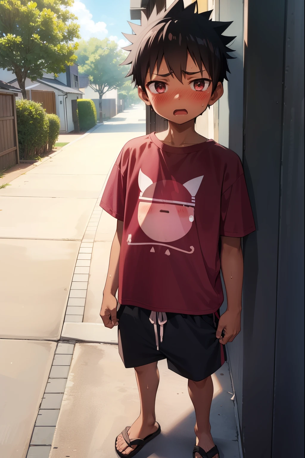 Residential Street,Are standing,Little Boy,Spiked Hair,Black Hair,blush,Embarrassed,Red T-shirt,Black shorts,Brown Sandals,Dark Skin,summer,Sweat,shy,Open your mouth,Embarrassing,