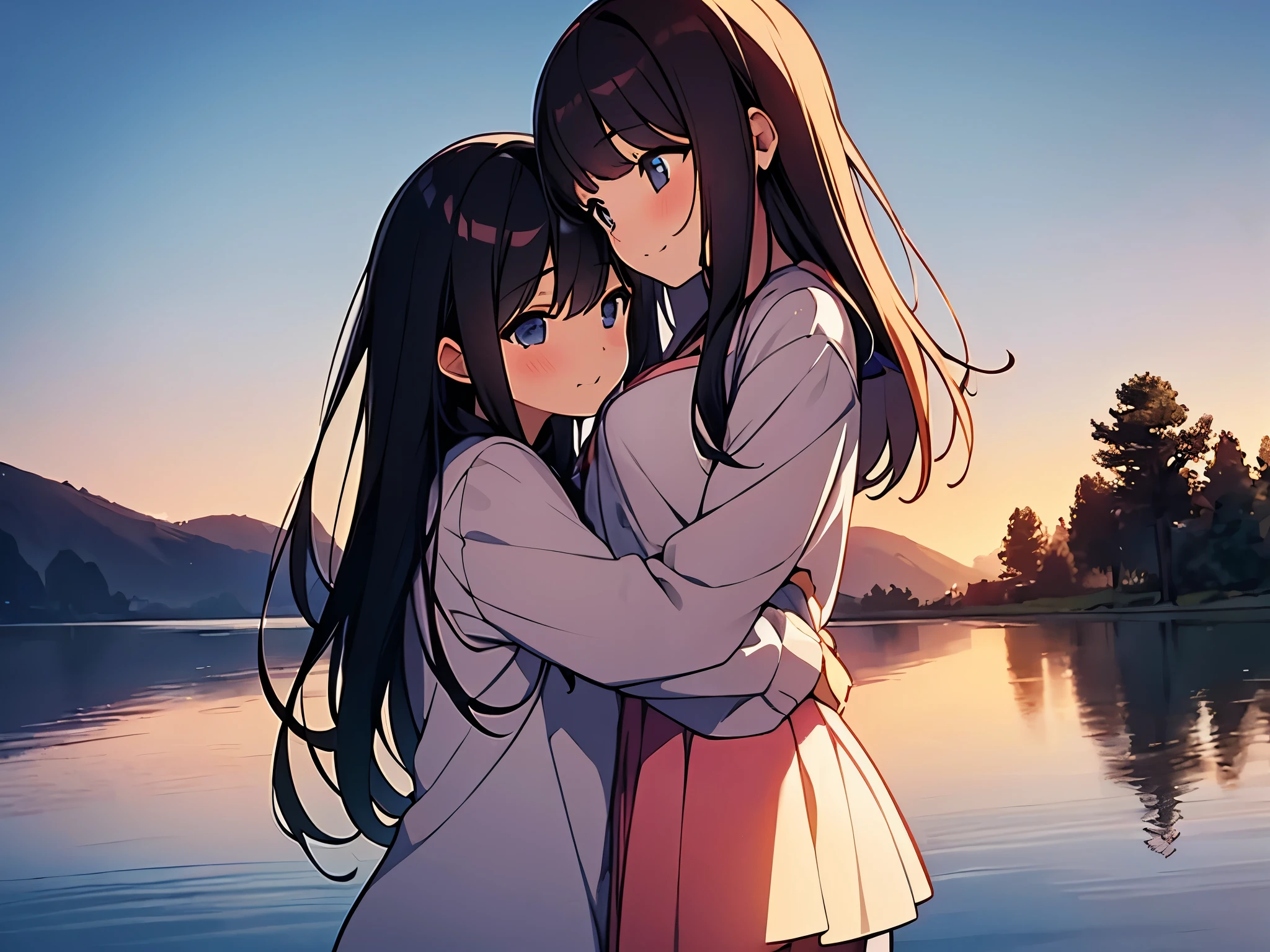 （masterpiece，high quality），2 Girls，yori，Anime Girl，Look at each other，Hug each other，Gentle eyes，Medium chest，Wet shirt，（Standing in the lake），morning glow：1.2，Side view