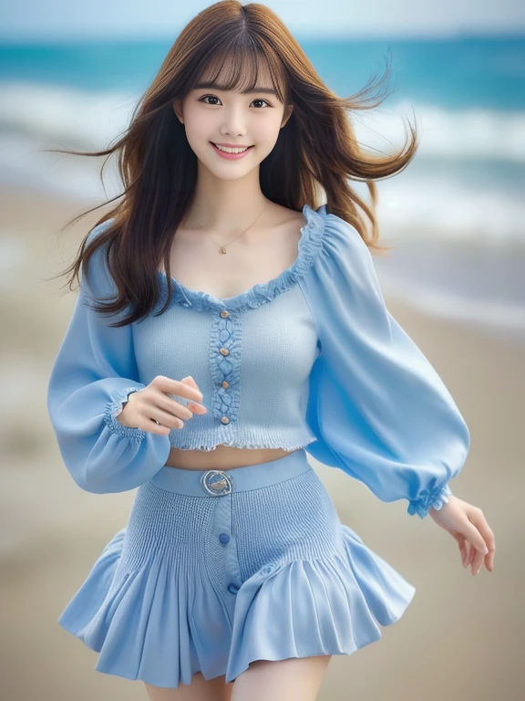 Photo-realistic quality、Long sandy beach、Close-up of a woman wearing a pale blue-gray mini skirt with fine flare at the beach, Japanese female fashion model, Gorgeous Young Japanese Woman, Beautiful girl model, Beautiful woman, Wearing long, loose white clothing, The chest is wide open、Young and beautiful, looking at the camera、A soft and gentle look、Cute Smile