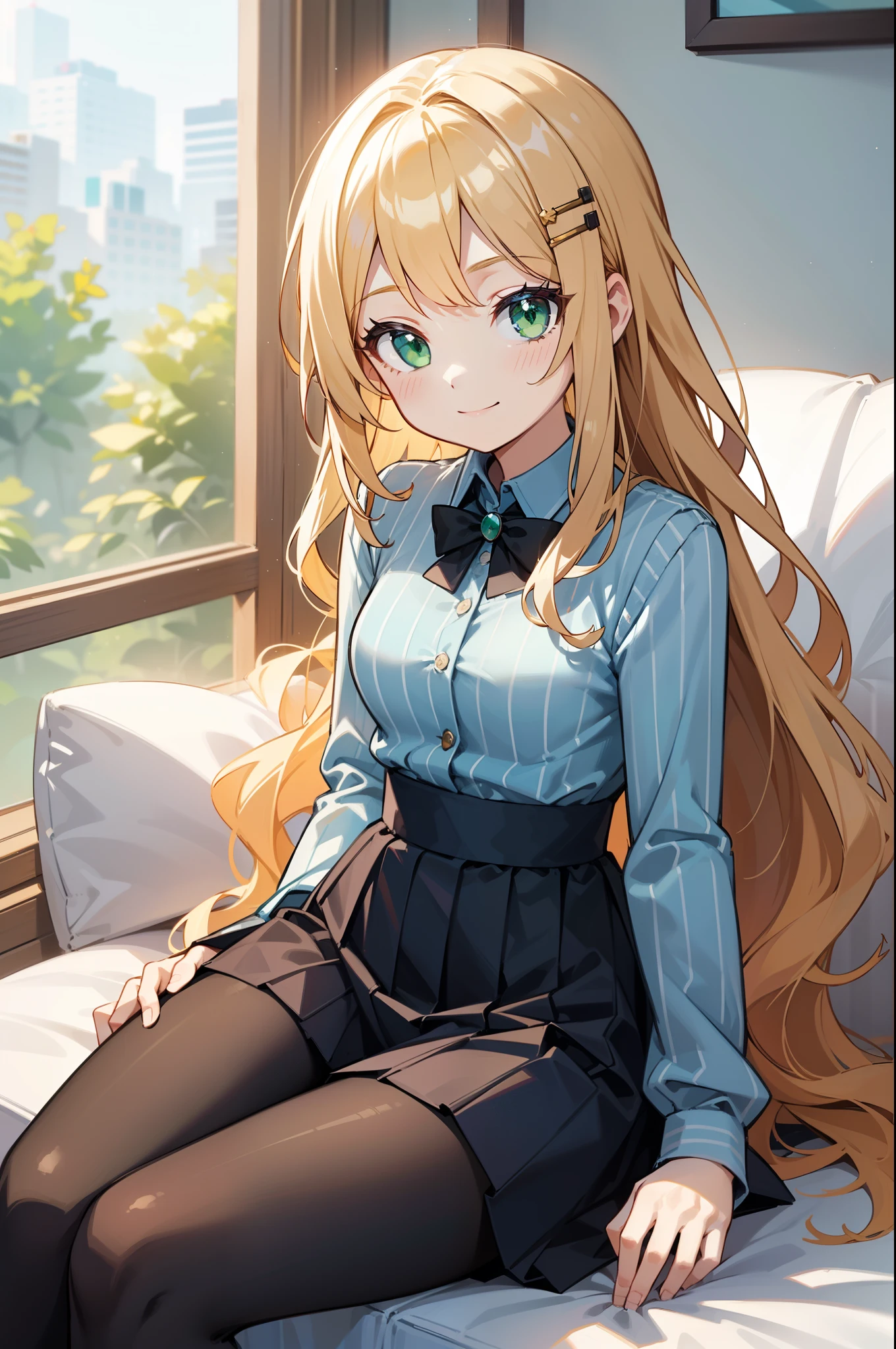 1girl, solo, long_hair, rating:safe, very_long_hair, sitting, striped, smile, long_sleeves, shirt, skirt, green_eyes, vertical_stripes, blonde_hair, looking_at_viewer, hair_ornament, pantyhose, wavy_hair, alternate_hairstyle, alternate_costume, v_arms