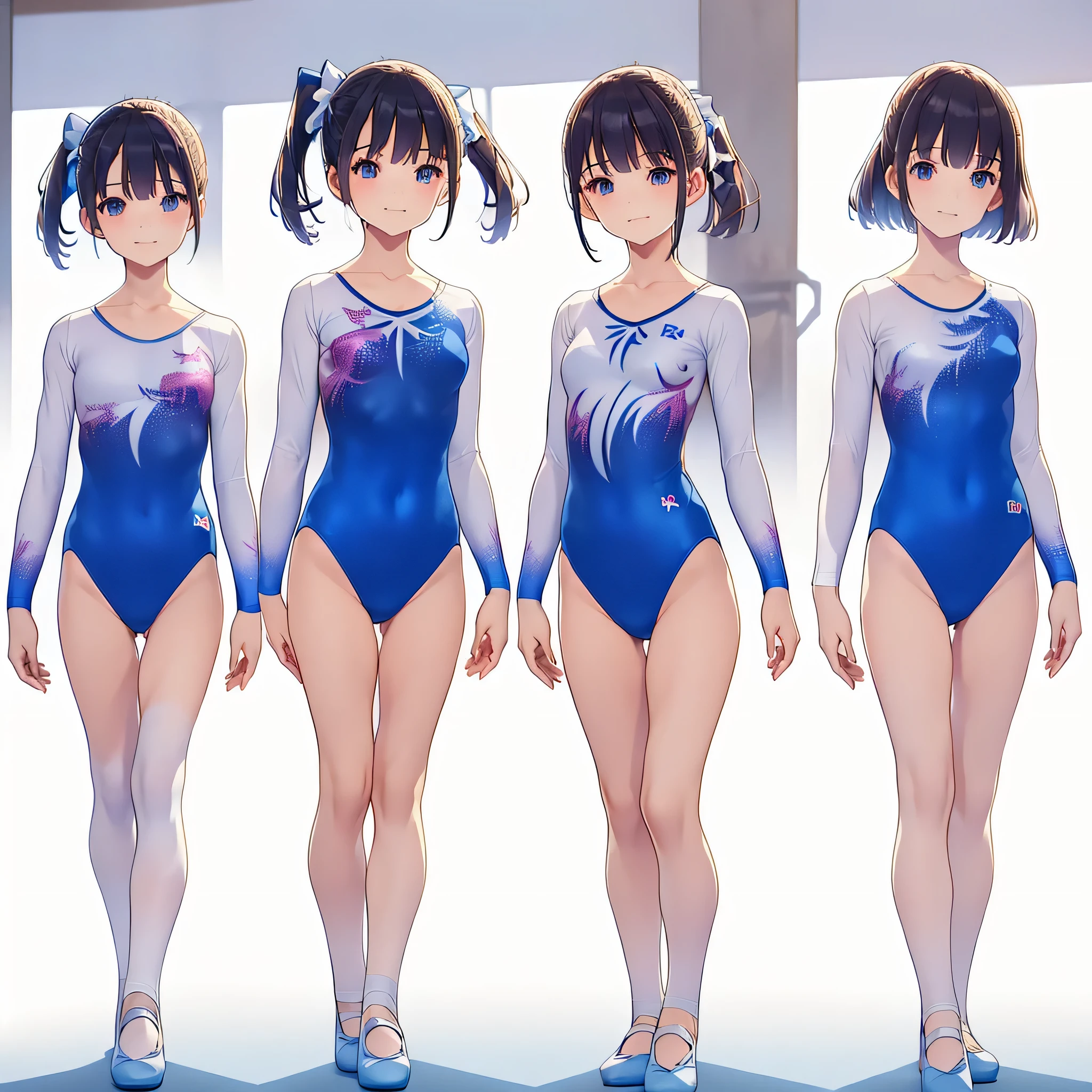 Gymnastics club,(4 girls:1.3),(long sleeves leotard:1.3),(brocade pattern leotard:1.3),(white leotard),full body, pony tail, blue ribbon, long hair,(body suit:1.2),(over ************, under 19 years old:1.2), ballet shoes, white background