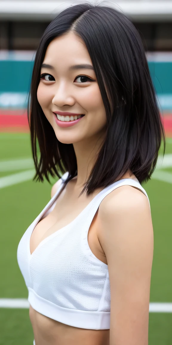 neat college girl, person, (wearing black buruma , summer white clothes, sleeveless), outside the athletic field, (slim, small, flat, small), photorealistic, detail, skin texture, ultra detail, delicate and sexy collarbone, smile, super detailed face, detailed lips, detailed eyes, double eyelids, photos in which the body is facing forward, cleavage cutout, crop top ,
