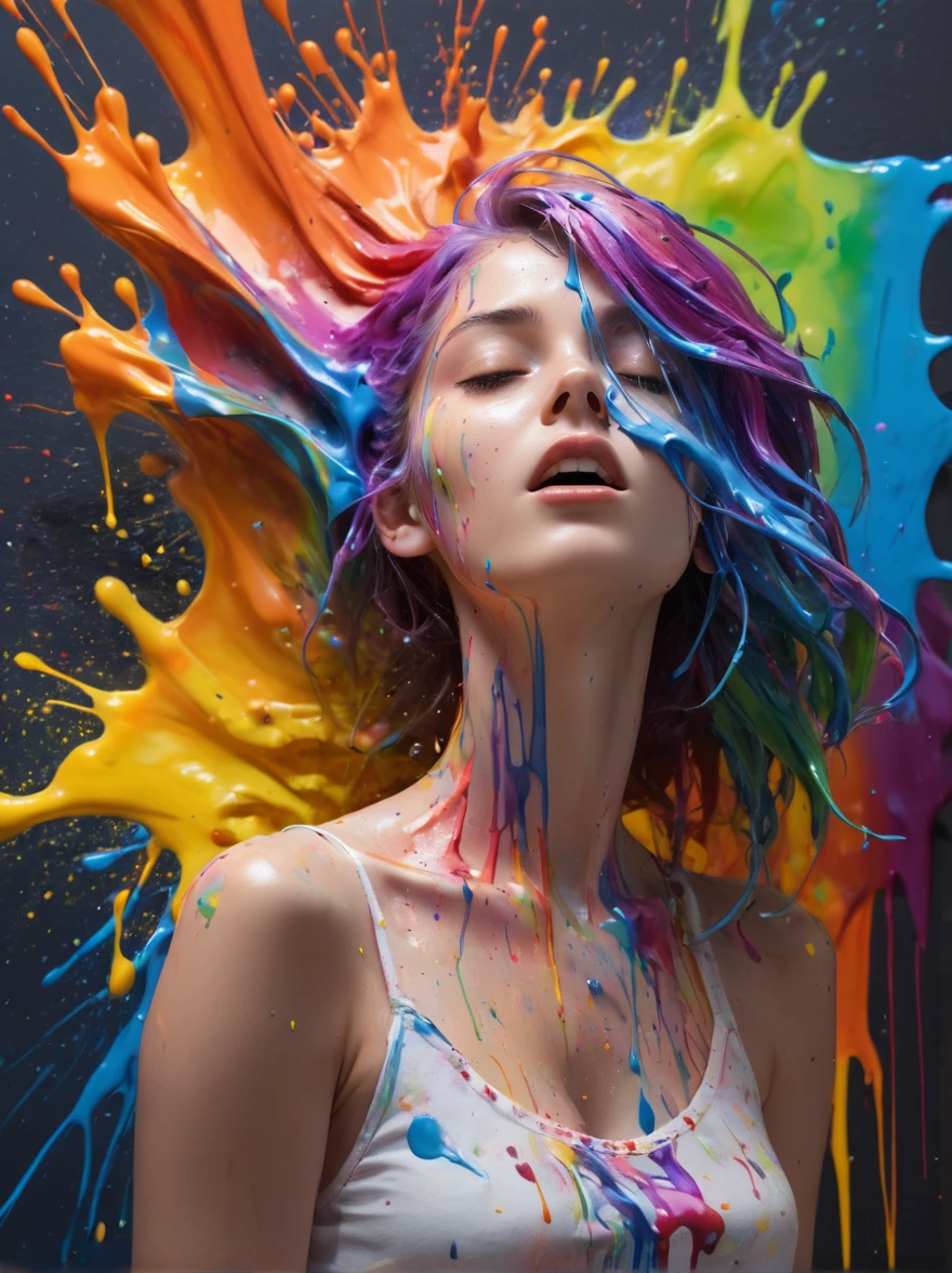 (level difference:1.8),(Paint colliding and splashing on the canvas),(depth of field),1girl's side face blends into it,((side face)),open mouth,(liquid paint rainbow hair:1.1) made of paint and defies gravity,thick flowing,(paint splatter:1.3),Liquid state,stunningly beautiful, masterpiece, detailed background,ultra high quality model, ethereal background,abstract beauty, explosive volumetric, oil painting,heavy strokes,Romantic lighting,Sub-Surface Scatterring,lens 135mm,f1.8,glow,8k,high resolution, dreamy,ray tracing,hdr,god rays,