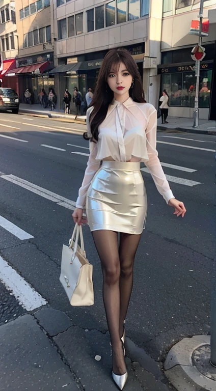 Heavy makeup,Stiletto pointed toe heels,Transparent colorless flesh silk pantyhose,Long legs,8K,On the street,In the daytime,By bangs,Single ball head,Skirt that wraps hips