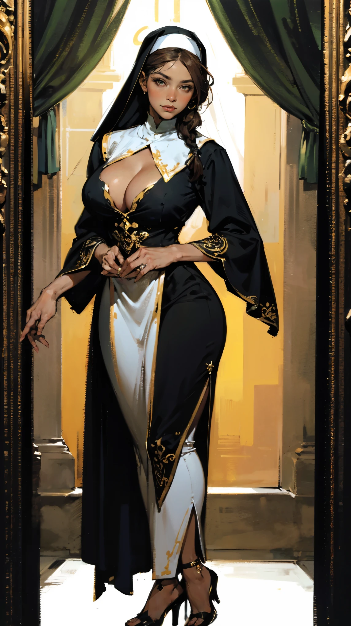 (nsfw), best quality (4K, high resolution, masterpiece:1.2), ultra-detailed, realistic (photo-realistic:1.37), Sienna, the Commander of the Holy Faith, authoritative spiritual guide, portrait, ((wearing elegant warrior nun uniform with silver and gold accents signifying her high rank)), ((Perfect round and perky breasts)), (formfitting costume), wise yet piercing gaze, hazel eyes, poised stance, ((auburn hair tied back in a tight braid)), confident and commanding aura with a hint of wisdom, silver, gold, and dark color scheme, sharp focus, perfect, sacred lighting, confident, authoritative demeanor, emotive smile, powerful divine magic and spiritual energy radiating from her eyes, holy temple with a peaceful, inspiring background, tranquil yet empowering atmosphere, inspired by fantasy art and divine mythology, emphasizing her allure, wisdom, and martial prowess, meticulous attention to facial details showcasing her sharp and intelligent features, striking visual impact, expressive yet authoritative facial features, supernatural elements blended with a serene reality, (exceptionally detailed:1.3), super finely detailed and strong hands, ultra finely detailed fingers (ten fingers), suggestive, inspiring posing, full body showcase, no logos in the background.