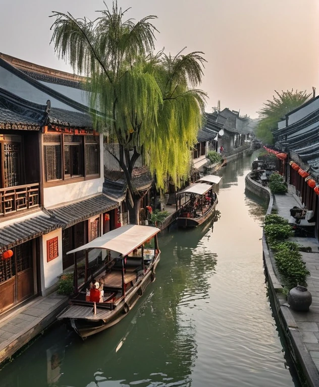 arafed canal with boats and buildings in a small town, zhouzhuang ancient town, dreamy chinese town, chinese village, beautiful image, ancient chinese architecture, by Li Zai, chinese architecture, by Ni Yuanlu, 🤬 🤮 💕 🎀, twisted waterway, canals, chinese style, canal, stunning sight, ancient city streets behind her