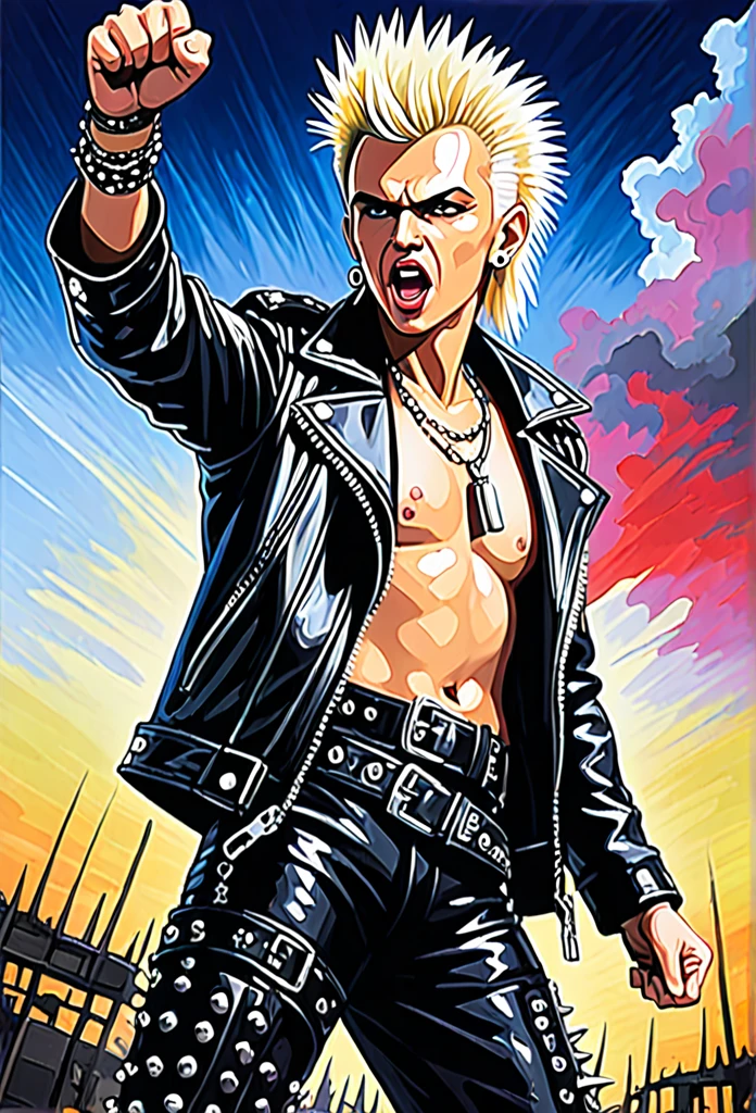 (((26 years old Billy Idol))) a Punk Rock Star with his iconic hairstyle and spiked leather jacket, raises his fist tonthe sky to shownhis rebellion to the world, ultra sharp and crisp, oil on canvas painting in Don Lawrence art style