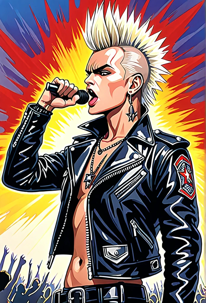 (((26 years old Billy Idol))) a Punk Rock Star with his iconic hairstyle and spiked leather jacket, raises his fist tonthe sky to shownhis rebellion to the world, ultra sharp and crisp, oil on canvas painting in Don Lawrence art style