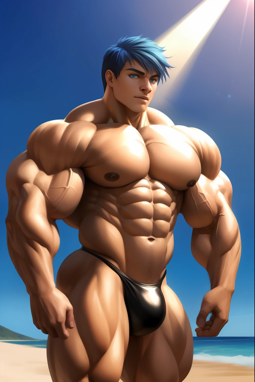 ((masterpiece)),(((best quality))), beach, sun, sunrays, ((Extremely realistic shadows, Masterpiece, extremely detailed, photorealistic)) standing in front on stage, beach,
A teen ( face) (15 years old) very ay, Mexican ethnicity. Clear skin, cobalt blue hair, short hair bangs that fall on both sides of his youthful face. carefree expression, young man, alone, marked muscles, beautiful musculature, (((huge muscles))) (((hyper muscles))) huge pecs (((oversize pecs))) huge biceps (((giant biceps))) (((fullbody))) aesthetic stretch marks, inspiring physique, slender muscles, square pecs, beautiful V-cone, excellent abs and torso, chiseled abs, pectorals chiseled, perfect massive muscles, inflated muscles, voluminous pectorals, massive muscular body, a huge gigantic chest with a narrow waist, huge shoulders, ridiculously well-shaped large pecs, eight chiseled abs, (very toned and huge) with his military haircut and voluminous neck, narrow waist, bare chest, shirtless, topless, blue eyes, young face, beautiful, young. Teen muscular young bodybuilder with extraordinary and firm back, chiseled muscles, rhomboid muscles, latissimus dorsi. Gigachad. He is wearing black thong. (Black cloth thong) bare chest. (((Back))) huge, firm and muscular thighs, round buttocks and round butt with back, firm buttocks, beach.