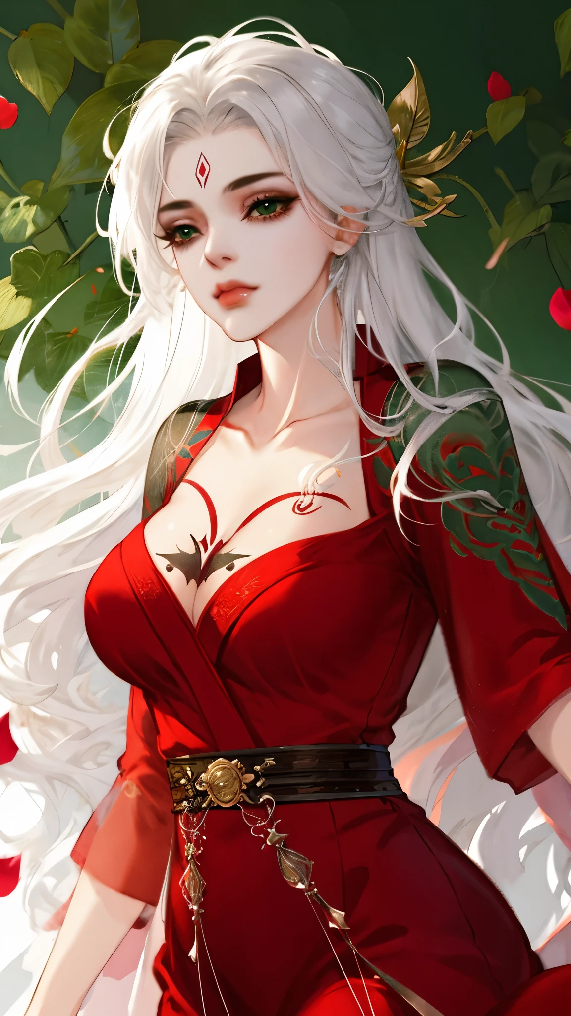 the Extremely Detailed CG Unity 8K Wallpapers，tmasterpiece，Best picture quality，1girl，(mature female),bad-girl，white hair，kanzashi, closed mouth,(((red dress))), Hanfu，Chinese style，medium breasts,closeup cleavage,(((breast tattoo))), ((Green walls))，snow, plum bossom, petals，front,upper body, （arms at sides）,
