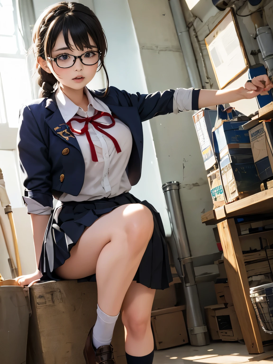 a woman, drooping eyes, eyes realistic sizing, pleated skirt, (round face), straddling pipe that is standing on the ground to hit her crotch, standing masturbating, open legs, angle from below, braid, ribbon, (stylish glasses), 