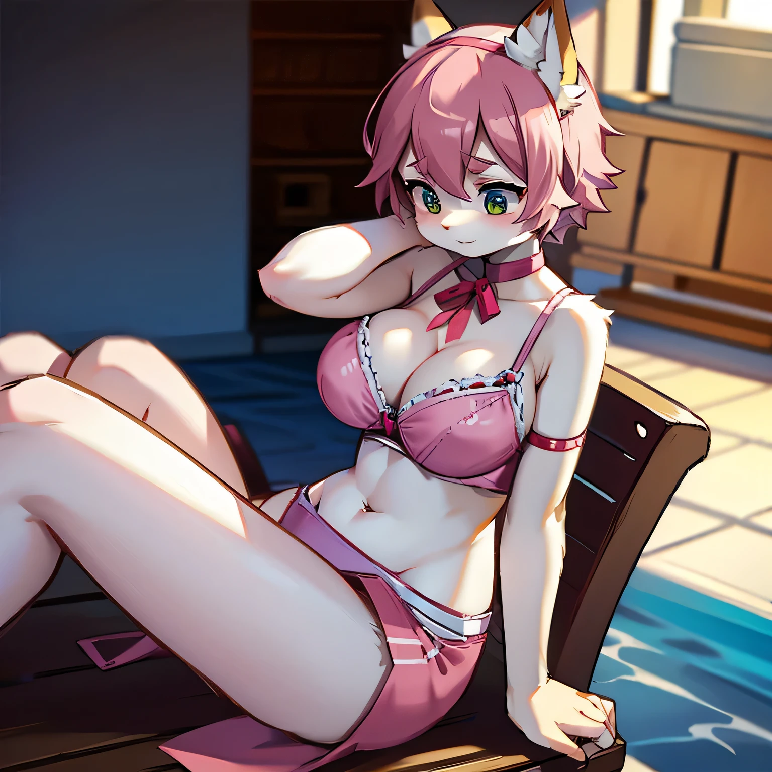 Furry girl sitting, short shag hairstyle, wearing balconette pink bra, Nice size breast. Wearing pink lace choker and pink headband, mental state is airhead, side view, arms on breast, close up body