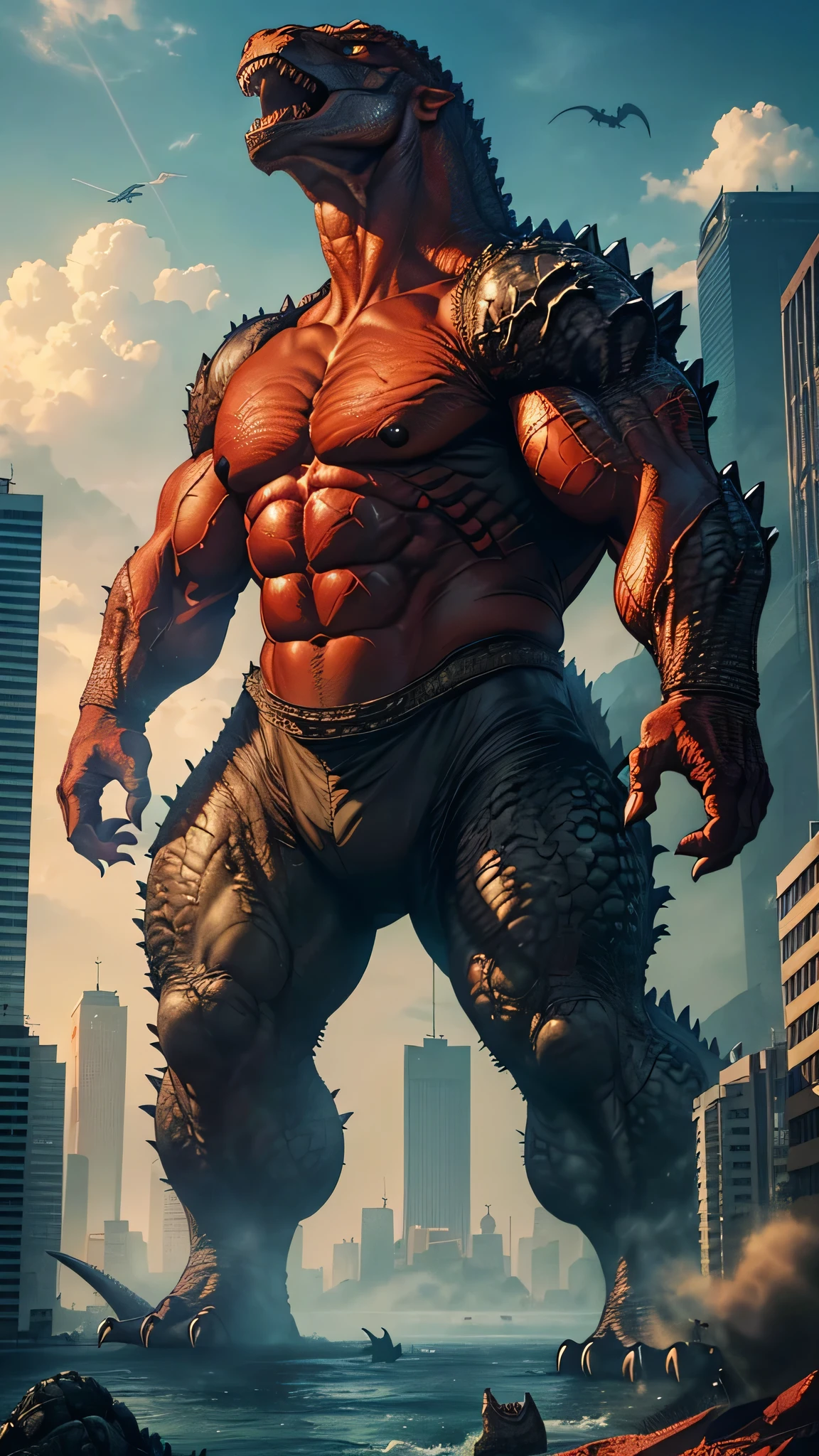 最high quality、Best image quality、masterpiece、monster((Strong body、Godzilla、Muscular、Bipedal、Red body、roar、Giant creatures、dinosaur)),high quality、Beautiful art、background((City))、Flight、Flying debris、Written boundary depth、movie、Visual Arts、Perfect art、8K,Genuine,