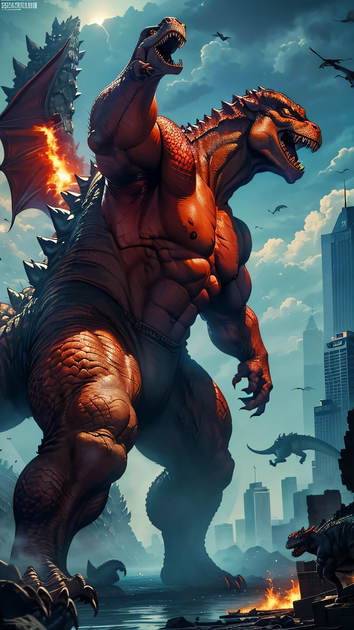 最high quality、Best image quality、masterpiece、monster((Strong body、Godzilla、Muscular、Bipedal、Red body、roar、Giant creatures、dinosaur)),high quality、Beautiful art、background((City))、Flight、Flying debris、Written boundary depth、movie、Visual Arts、Perfect art、8K,Genuine,