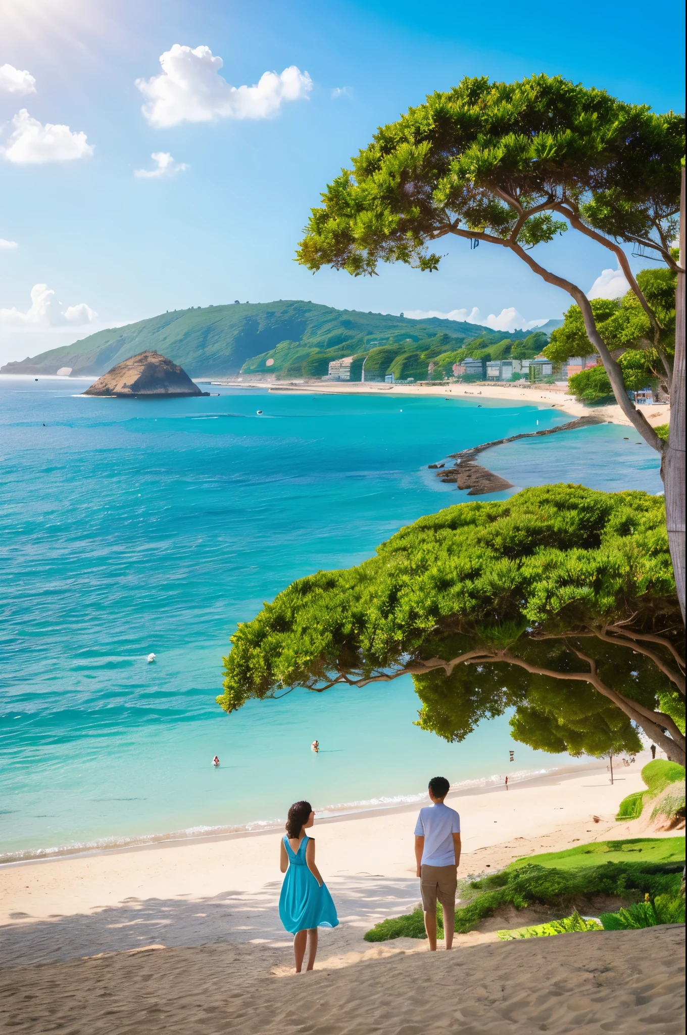8K,超美people(Like the real thing), Blue sky and white clouds with warm sunshine, Smiling and gazing into the distance, The fine grains of sand on the beach sparkle in gold., The wind is accompanied by small waves. The distant island is surrounded by greenery, Green tree々reflected in the blue sea, Her stunning beauty is like a ray of light, Captivating the whole of heaven and earth. . The beach dream scene will be more realistic for the audience., people々Make people feel like they're there, Enjoy the beauty,The perfect angle、Professional quality high resolution、Perfect contrast、Perfect lighting、Perfect composition、Perfect Skin、Perfect Fingers、Perfect breasts、Perfect Hair、Perfect Face、Realistic facial features、masterpiece,masterpiece,Photorealistic RAW photos,Bright colors,Rich colors,50mm lens,Nikon D850,super highest quality,Slim figure,Perfect body line,Perfect hand shape,Anatomical body balance,Highly detailed face,Highly detailed eyes,Beautiful Lips,Excellent light particles,Cinema Lighting,Makeup,Ultra-high resolution,Ultra-Realistic Skin,