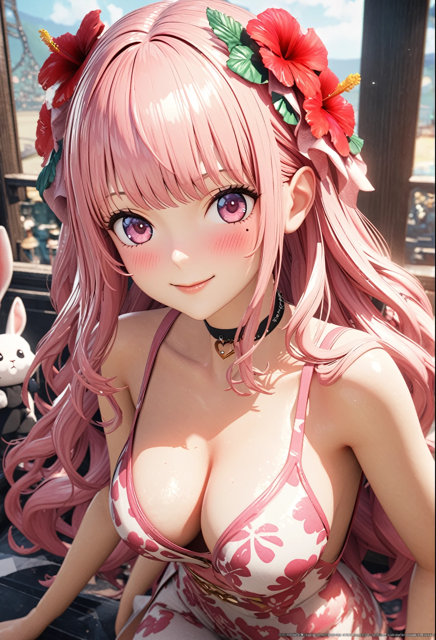 masterpiece, highest quality, Very detailed, High resolution, An expensive solution, High resolution, 4K, 8k, unity 8k wallpaper, Very detailed CG, masterpiece, 2D, 3D, Beautiful details, depth, Fine texture, highest quality: 1.3, Total concentration, Crisp skin, he, Very cute anime rabbit, A cute rabbit like an idol, expensive pink long hair, One Girl, Aloha One Piece, morning, morning食, Hibiscus Hair Accessories, Smiling long pink hair, whole body, Mole under the eye, Line Sight, expensive, blush, Lips parted, heart, Pink Eyes, choker