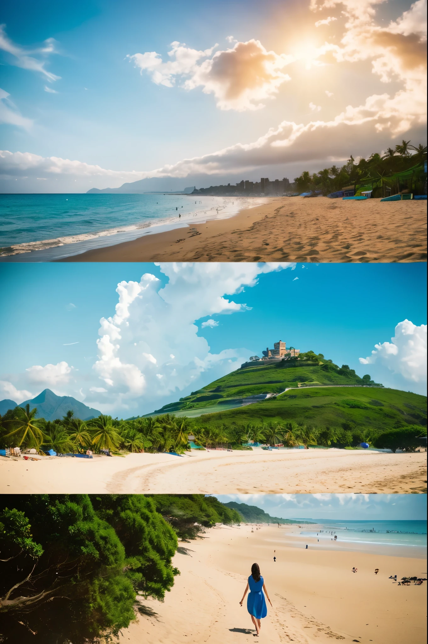 8K,超美people(Like the real thing), Blue sky and white clouds with warm sunshine, Smiling and gazing into the distance, The fine grains of sand on the beach sparkle in gold., The wind is accompanied by small waves. The distant island is surrounded by greenery, Green tree々reflected in the blue sea,   Her stunning beauty is like a ray of light, Captivating the whole of heaven and earth. . The beach dream scene will be more realistic for the audience., people々Make people feel like they&#39;re there, Enjoy the beauty,The perfect angle、Professional quality high resolution、Perfect contrast、Perfect lighting、Perfect composition、Perfect Skin、Perfect Fingers、Perfect breasts、Perfect Hair、Perfect Face、Realistic facial features、masterpiece,masterpiece,Photorealistic RAW photos,Bright colors,Rich colors,50mm lens,Nikon D850,super highest quality,Slim figure,Perfect body line,Perfect hand shape,Anatomical body balance,Highly detailed face,Highly detailed eyes,Beautiful Lips,Excellent light particles,Cinema Lighting,Makeup,Ultra-high resolution,Ultra-Realistic Skin,