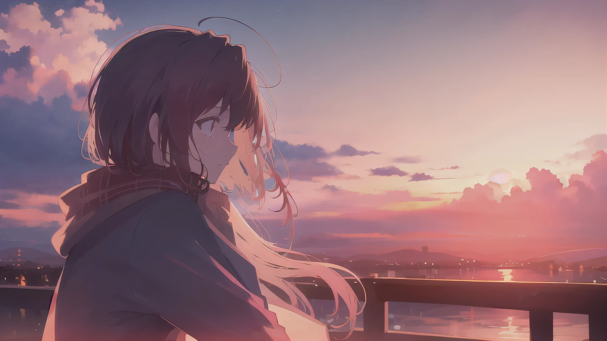 1 girl, sunset, , stare into the distance