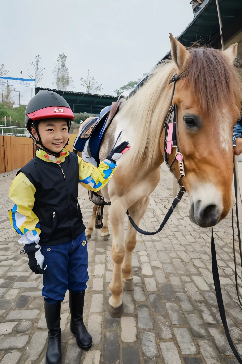 A beautiful(girl),中国girl,Wearing equestrian clothing,砖路上有一匹pony, 👰 🏇 ❌ 🍃,Pull the reins,pony, horse riding, horse riding, Handsome man, Ruan Jia and Brom, With children, horse riding, 🐎🍑。National Geographic Award-winning photos,real