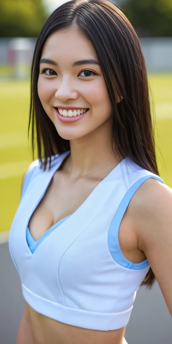 neat college girl, person, (wearing gym_uniform buruma , summer white clothes, sleeveless), outside the athletic field, (slim, small, flat, small), photorealistic, detail, skin texture, ultra detail, delicate and sexy collarbone, smile, super detailed face, detailed lips, detailed eyes, double eyelids, photos in which the body is facing forward, cleavage cutout, crop top ,
