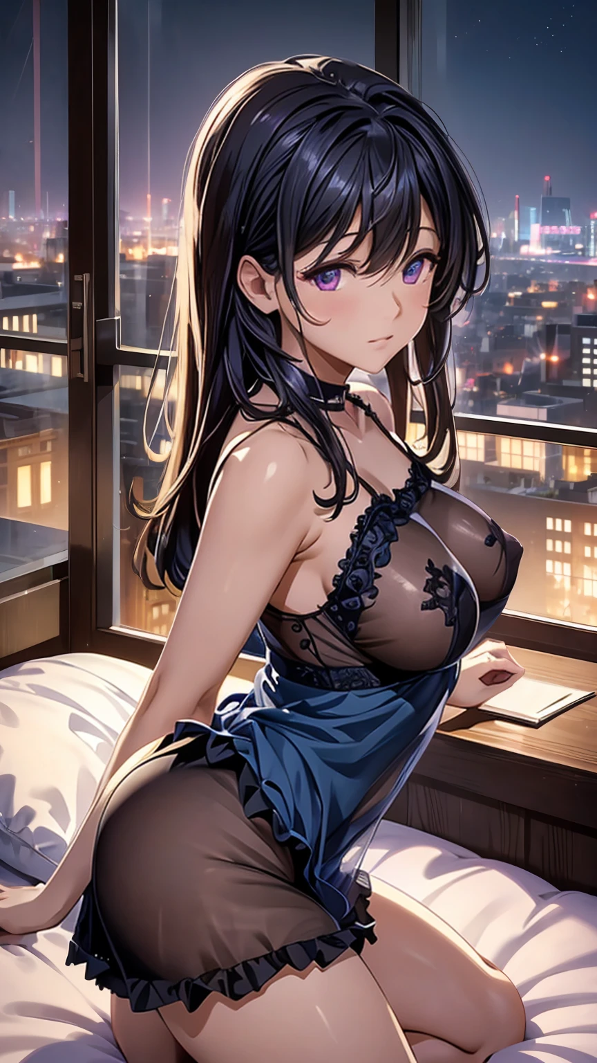 ((best quality)), ((masterpiece)), (detailed), perfect face, perfect buody, 1girl, black long hair, hours style hair, purple eyes, ((the girl wearing a camisole)), ((blue camisole)), ((see-through)), ((frilly camisole)), Showing the girl appearances from the front, show her boobies and nipples, the girl in middle of bedroom and windows from the hotel show the city in night in background