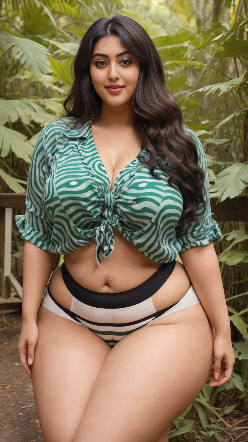 Madhubala Indian beautiful actress ultra big curvy plus size big hour glass huge figure woman, thick hips, different angle full body close shot, curvy body type, m-cup full covered breast, wearing light green Letter & Striped Print Tie Waist PJ Set, eye contact view, different Shaggy hair style, bright eyes, thin eyebrows, fair skin, blushing cheeks, Indian village background, smile face, full body shot, head to toe view, 54 inches big hour glass hips, big butt, busty, bigger hips, black hair, Shaggy hair style, full body shot, Indian young cute face, bbw, thicc, curvy model, big fleshy thigh, different style hand posing
